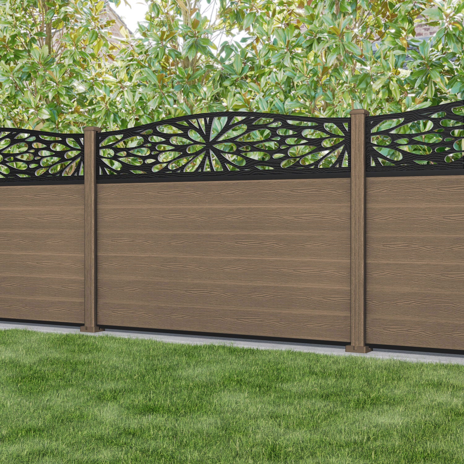 Classic Blossom Curved Top Teak Fence Panel with Composite Posts - Elegant Garden Fencing for Backyard Privacy and Decoration