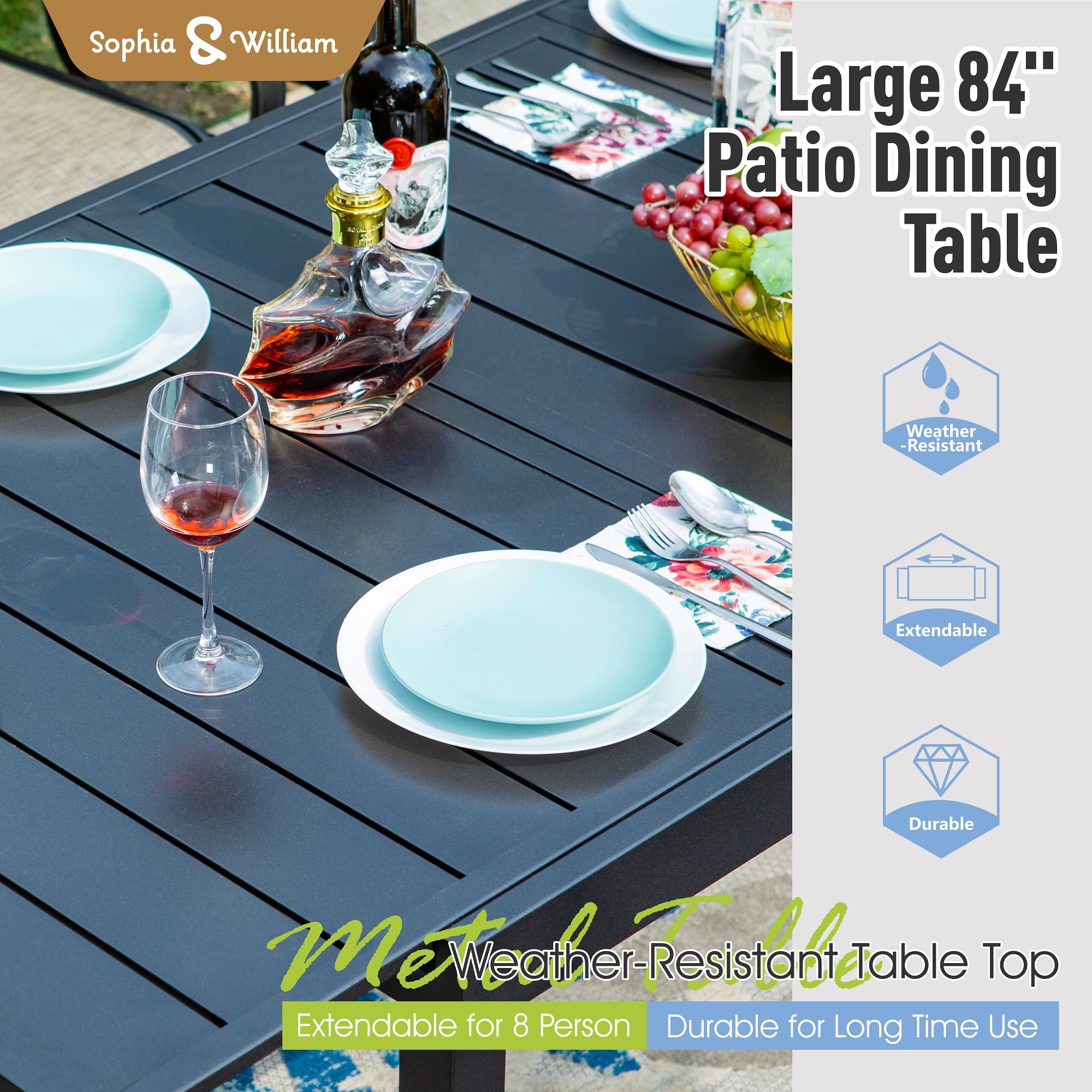 Sophia & William 8-Piece Expandable Patio Dining Set with High Back Chairs - 350lb Capacity Quick-Dry Textilene - Outdoor & Indoor Use for Backyard, Garden, Poolside, and Restaurant Dining