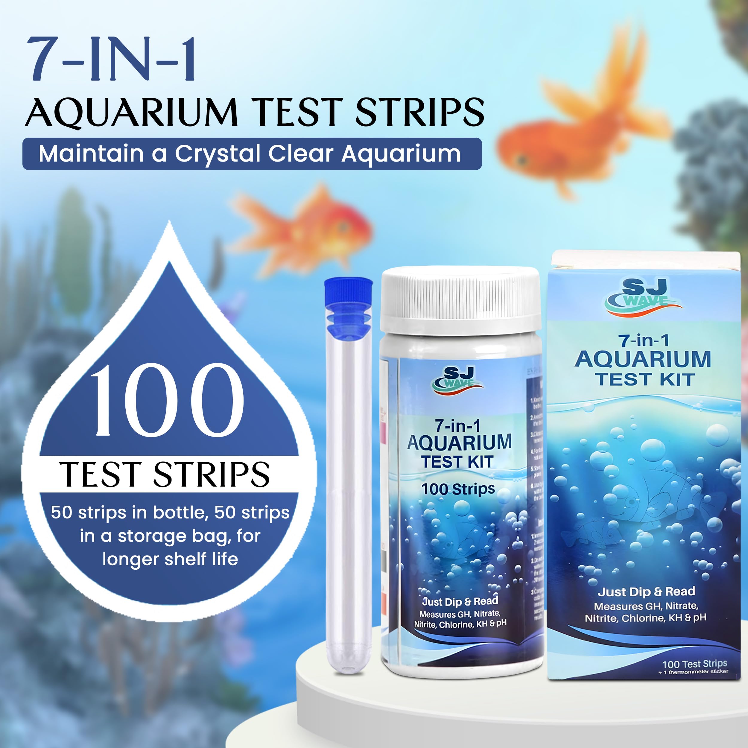 7 in 1 Aquarium Test Strips Kit - 100 Fast & Accurate Fish Tank Water Test Strips with Thermometer - Essential Water Testing for Freshwater & Saltwater Aquariums, Ponds - Monitor pH, Nitrate, Nitrite, Chlorine Levels for Healthy Fish