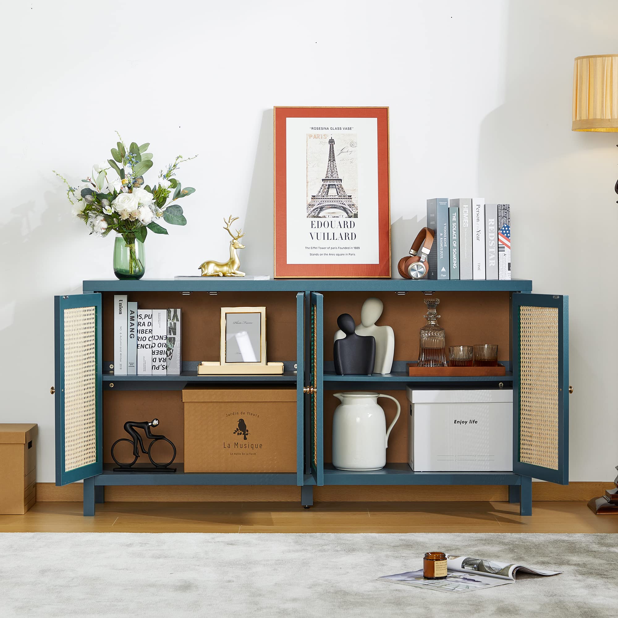 QHITTY Rattan Sideboard Buffet Cabinet - 4 Door Storage Console Table with Adjustable Shelves for Kitchen, Dining & Living Room | Blue Accent Cabinet for Hallway Decor & Home Organization