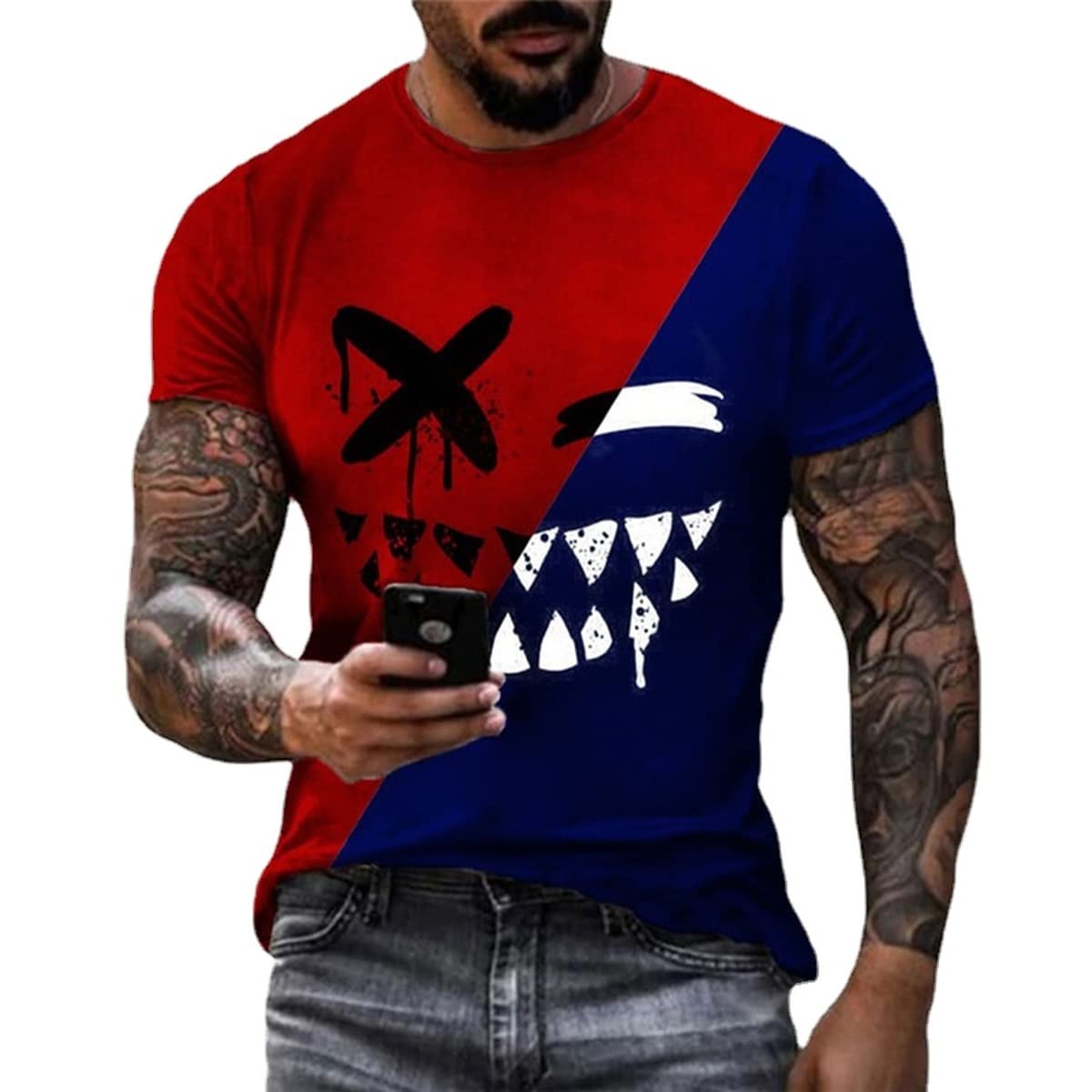 MARLLCO Men's Abstract Graffiti Print T-Shirt - Funny 3D Smile Graphic Crewneck Short Sleeve Tee for Streetwear & Casual Outfits