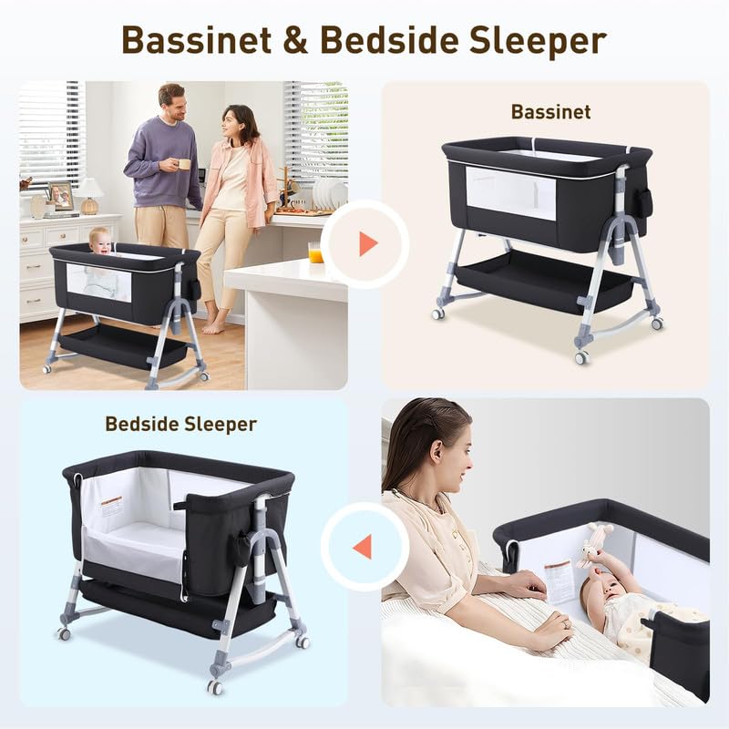 4 in 1 Portable Baby Bassinet with Wheels & Changing Station - Foldable Travel Crib for Newborns & Infants - Includes Mattress & Storage (Black) - Perfect for Nursery, Bedside Sleeping & On-the-Go Parents