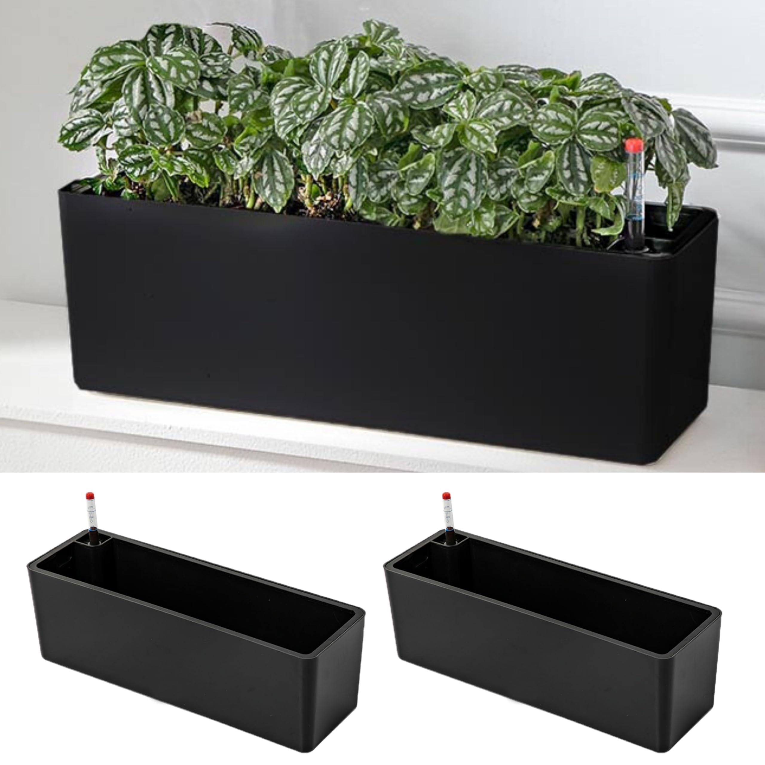 LaLaGreen Self Watering Planter Box (2 Pack) - 16 Inch Black Rectangular Indoor Flower Pots with Drainage - Modern Decorative Window Box for Herbs, Balcony & Windowsill - Perfect for Home Garden & Indoor Plants