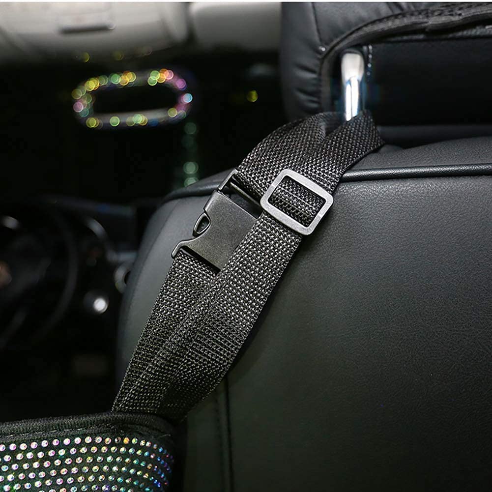 Bling Car Handbag Holder & Backseat Organizer - 3-Pack Rhinestone Auto Seat Storage Bags with Net Pockets & Trash Can (Plush, Pure White) - Perfect for Organizing Purses, Phones & Snacks in Your Car