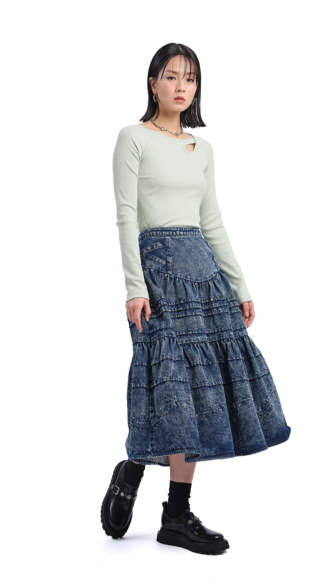 Vintage Stone Washed Studded Denim Skirt for Women - Distressed High Waist A-Line Mini Skirt with Metal Studs | Perfect for Casual Outfits, Rock Concerts & Streetwear Fashion