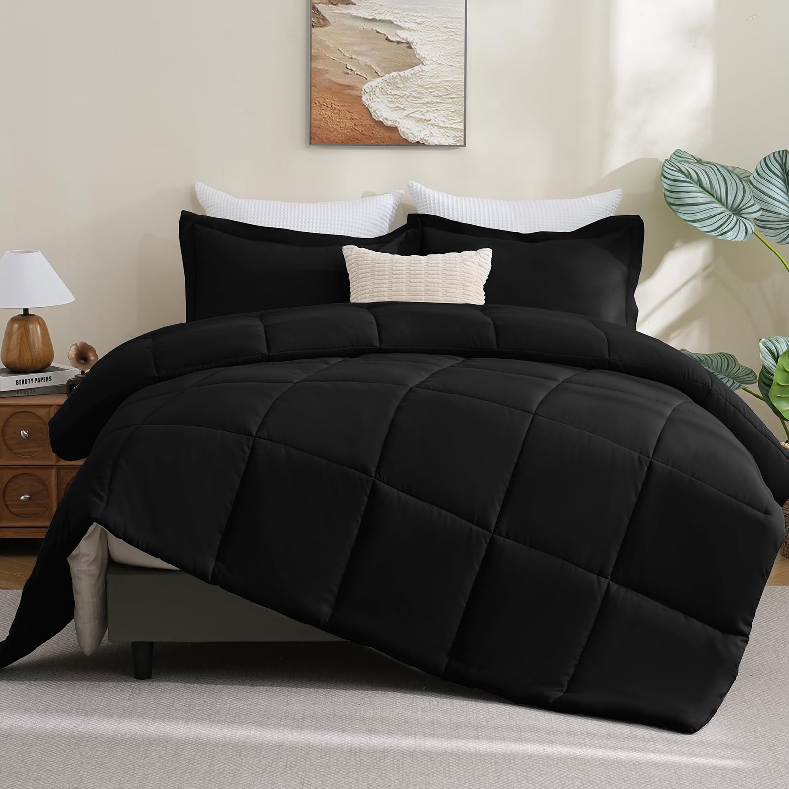 CozyLux Queen Comforter Set Black - 3 Piece Box Stitched Bedding Set, Soft All-Season Lightweight Down Alternative Comforter with 2 Pillow Shams | Perfect for Master Bedroom, Guest Room & Dorm Decor