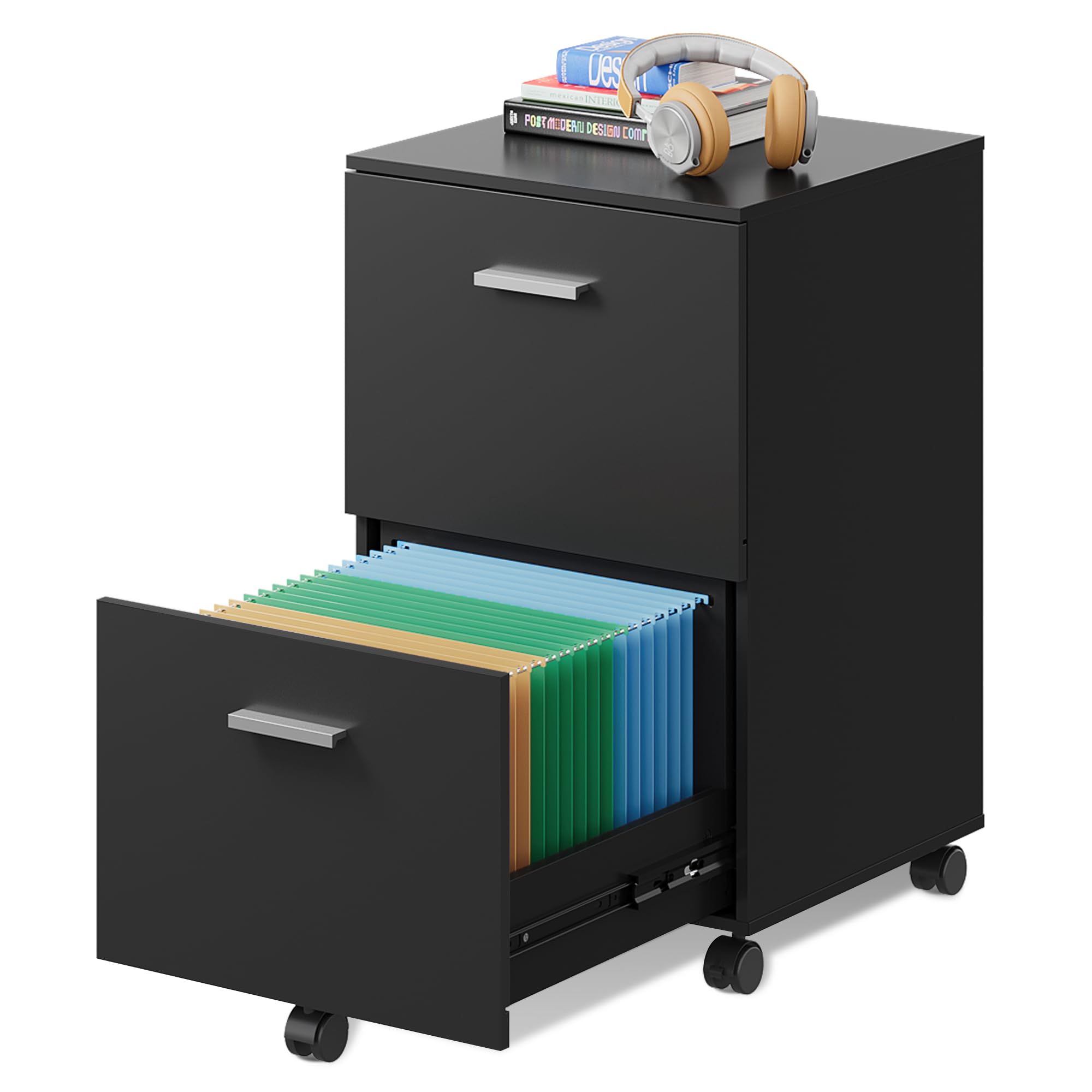 DEVAISE 2-Drawer File Cabinet - Small Rolling Filing Cabinet for Home Office, Organizes A4 & Letter Size Hanging Files, Wooden Under Desk Storage (Black) - Perfect for Home Office Organization & Small Space Storage Solutions
