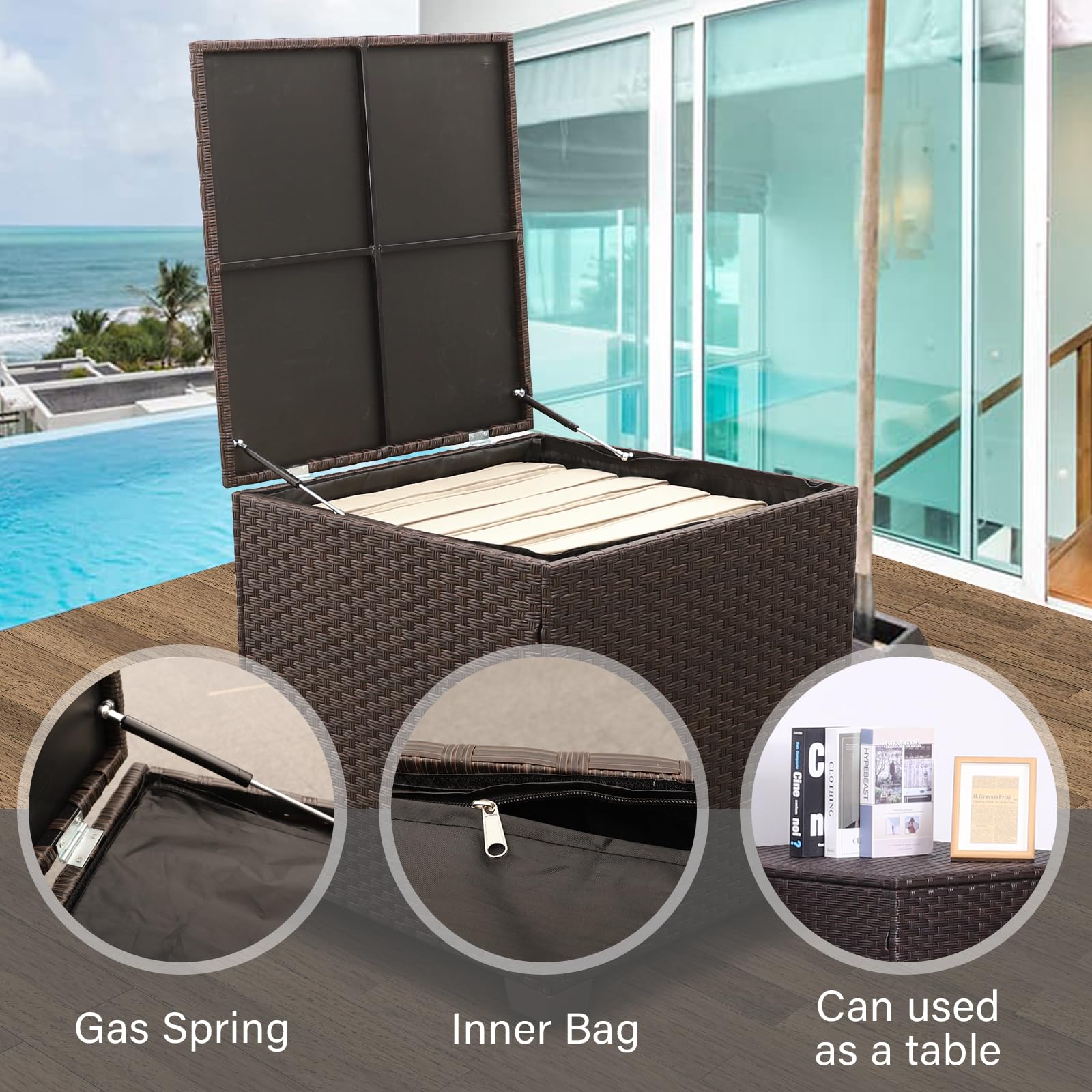 4-Piece Brown PE Wicker Patio Furniture Set - Outdoor Rattan Sectional Sofa with Storage Box, Side Table & Khaki Cushions | Perfect for Backyard, Garden, Poolside & Balcony Relaxation
