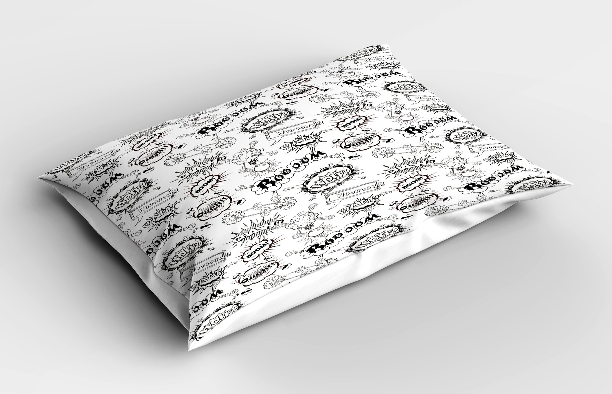 Lunarable Sketch Pillow Sham - Comic Book Doodle Speech Bubbles & Sound Effects Cloud Pop Art Design, Black & White Decorative Standard Queen Size Printed Pillowcase (30
