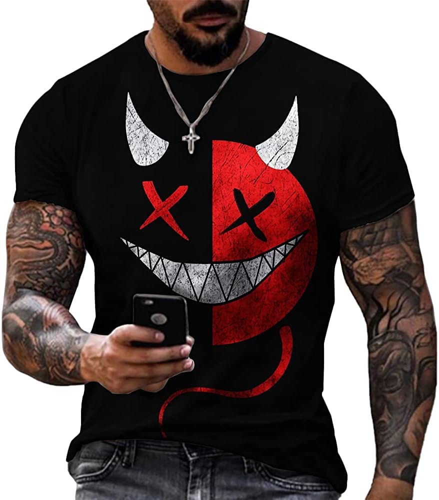MARLLCO Men's Streetwear Abstract Graffiti Print T-Shirt - Funny 3D Smile Graphic Crewneck Short Sleeve Tee for Casual Wear & Urban Fashion