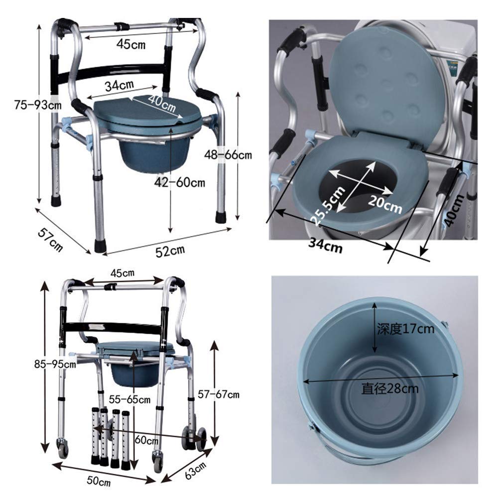 Adjustable Height Folding Toilet Frame for Seniors - Portable Bedside Commode with Wheels & Armrests, Space-Saving Rollator Shower Chair - Ideal for Elderly Home Care, Mobility Assistance & Bathroom Safety