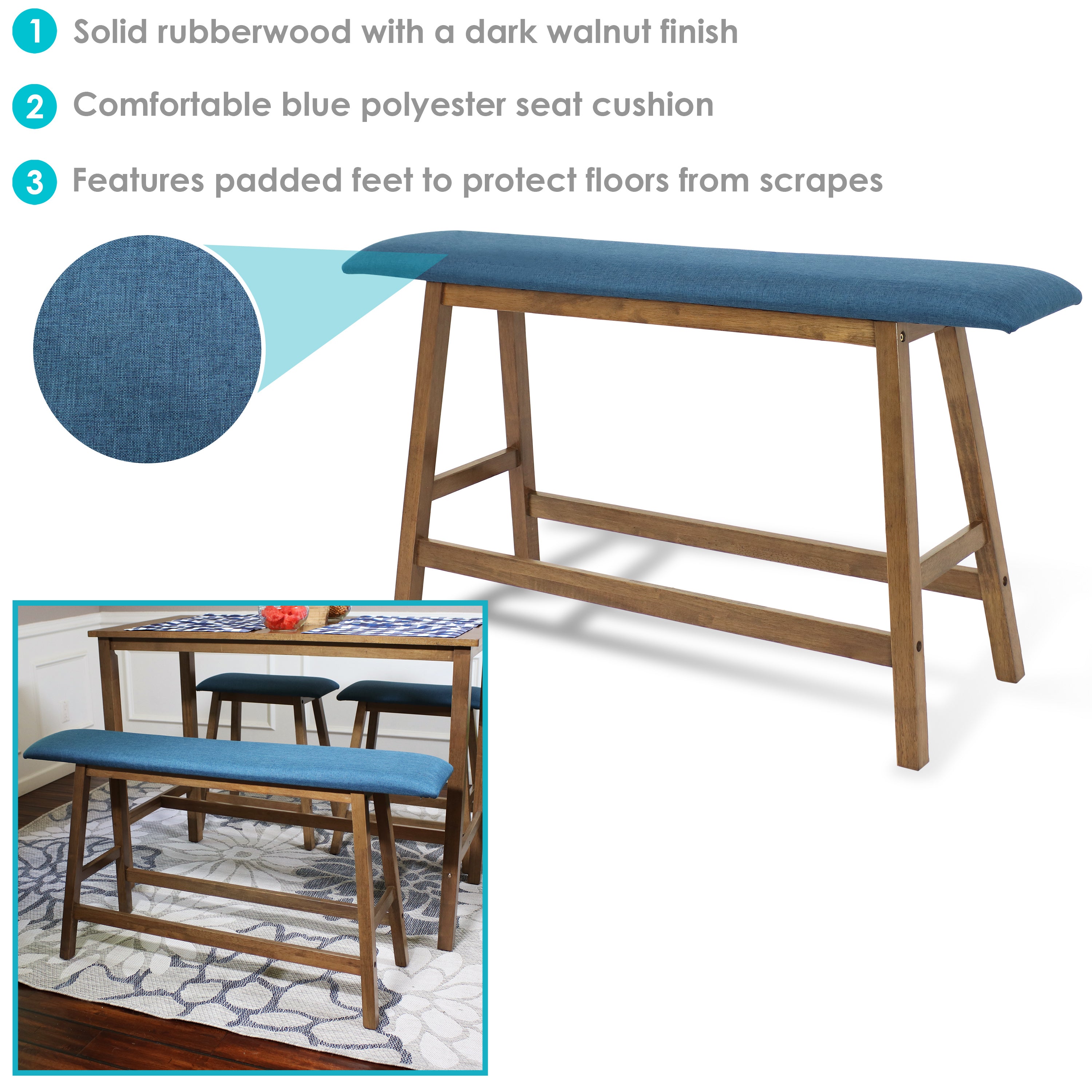 Sunnydaze Weathered Oak Wooden Counter Height Dining Bench with Blue Cushion - Perfect for Kitchen Islands, Breakfast Nooks & Outdoor Patio Dining