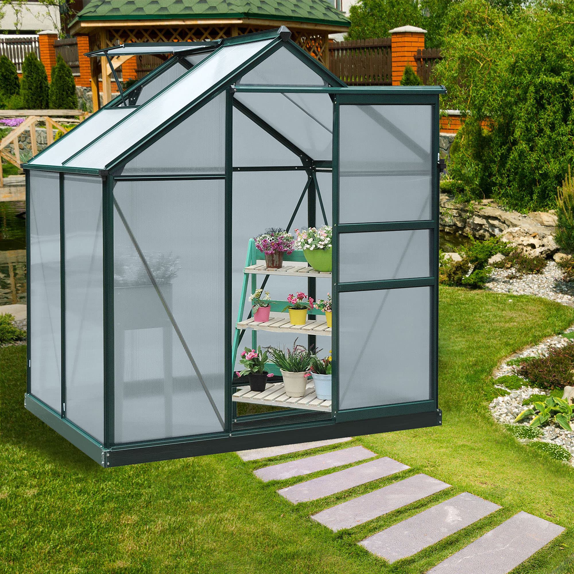 Outsunny 6' x 4' Polycarbonate Walk-in Greenhouse for Outdoor Gardens - Durable Aluminum Frame with Rain Gutter & Roof Vent - Perfect for Backyard, Patio & Home Gardening (Dark Green)