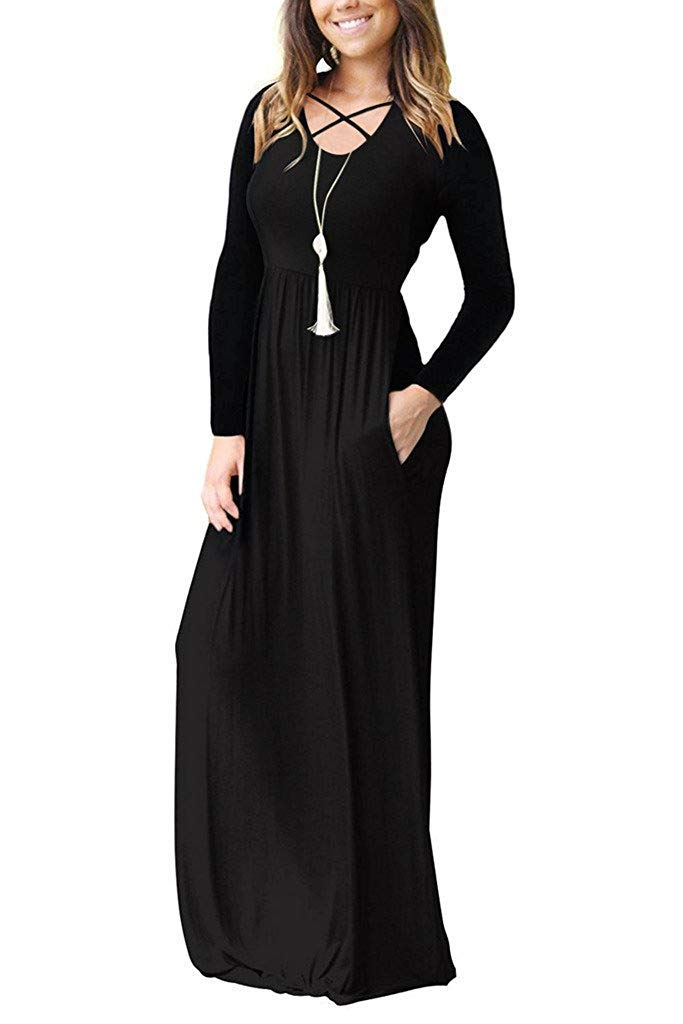 LILBETTER Women's Long Sleeve Maxi Dress - Loose Fit Casual Plain Long Dress with Pockets | Perfect for Everyday Wear, Office, Travel & Date Nights