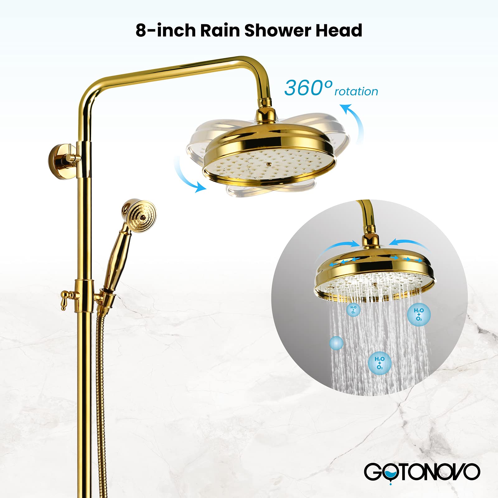 Gotonovo 8 Inch Round Rain Shower Head with Double Cross Handle & Tub Spout - Polished Gold Wall Mount Bathroom Faucet Mixer - 3 Function Metal Handheld Sprayer - Perfect for Modern Bathroom & Spa-Like Shower Experience
