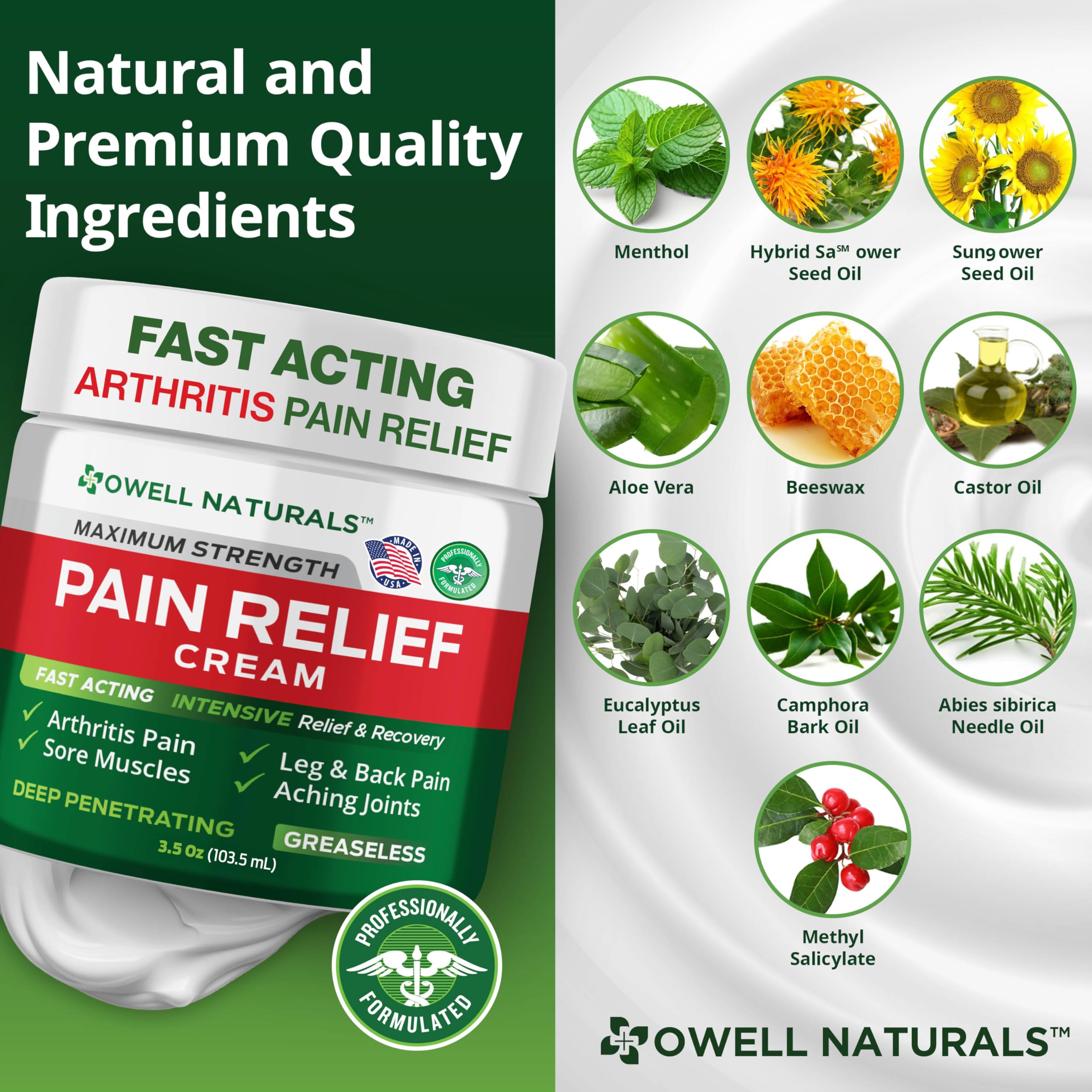 OWELL NATURALS Fast-Acting Arthritis Pain Relief Cream - Deep Penetrating Joint & Muscle Support for Back, Knee, Feet, Hands, Legs & Shoulder - Non-Greasy Formula with Natural Ingredients - 3.5 oz (2 Pack) - Ideal for Active Lifestyles & Daily Pain Management