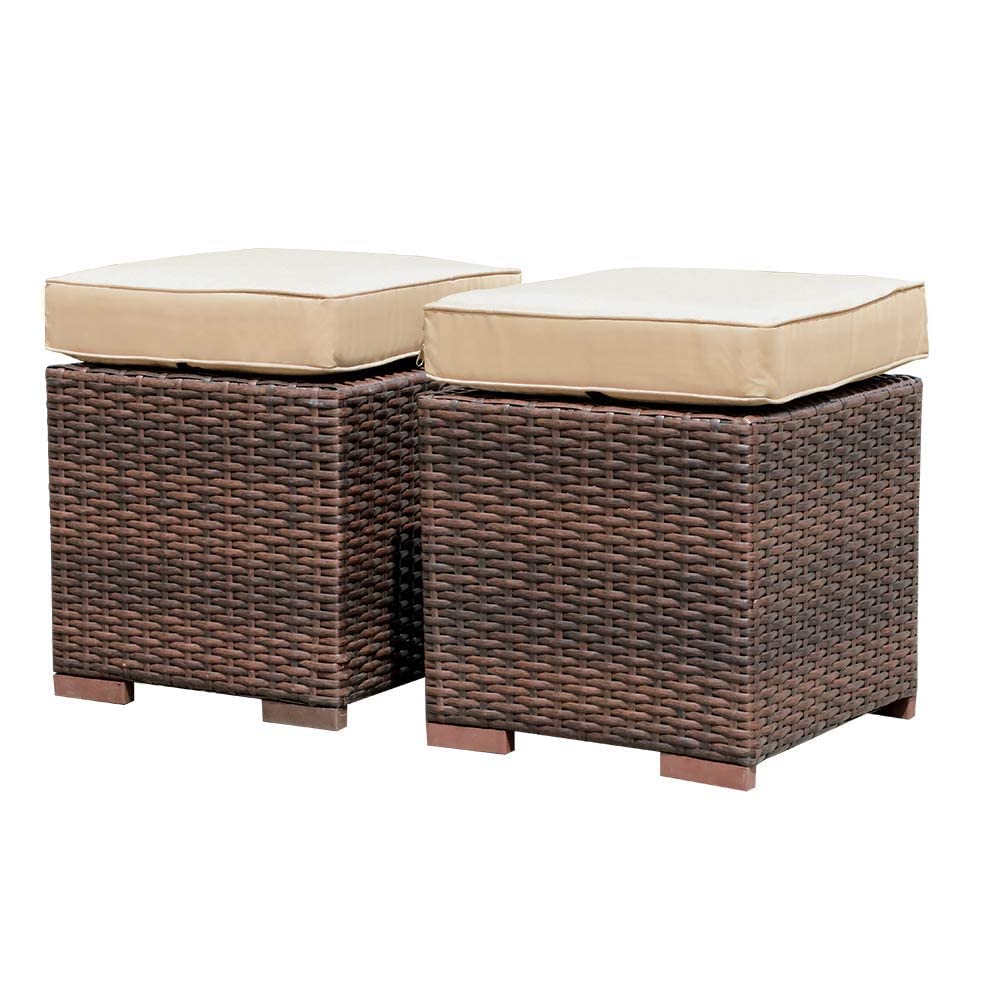 2-Piece Dark Brown Wicker Rattan Patio Ottoman Set with Beige Cushions - All-Weather Indoor/Outdoor Footstool & Seat - No Assembly Required - Perfect for Poolside, Garden, Deck, and Living Room Relaxation