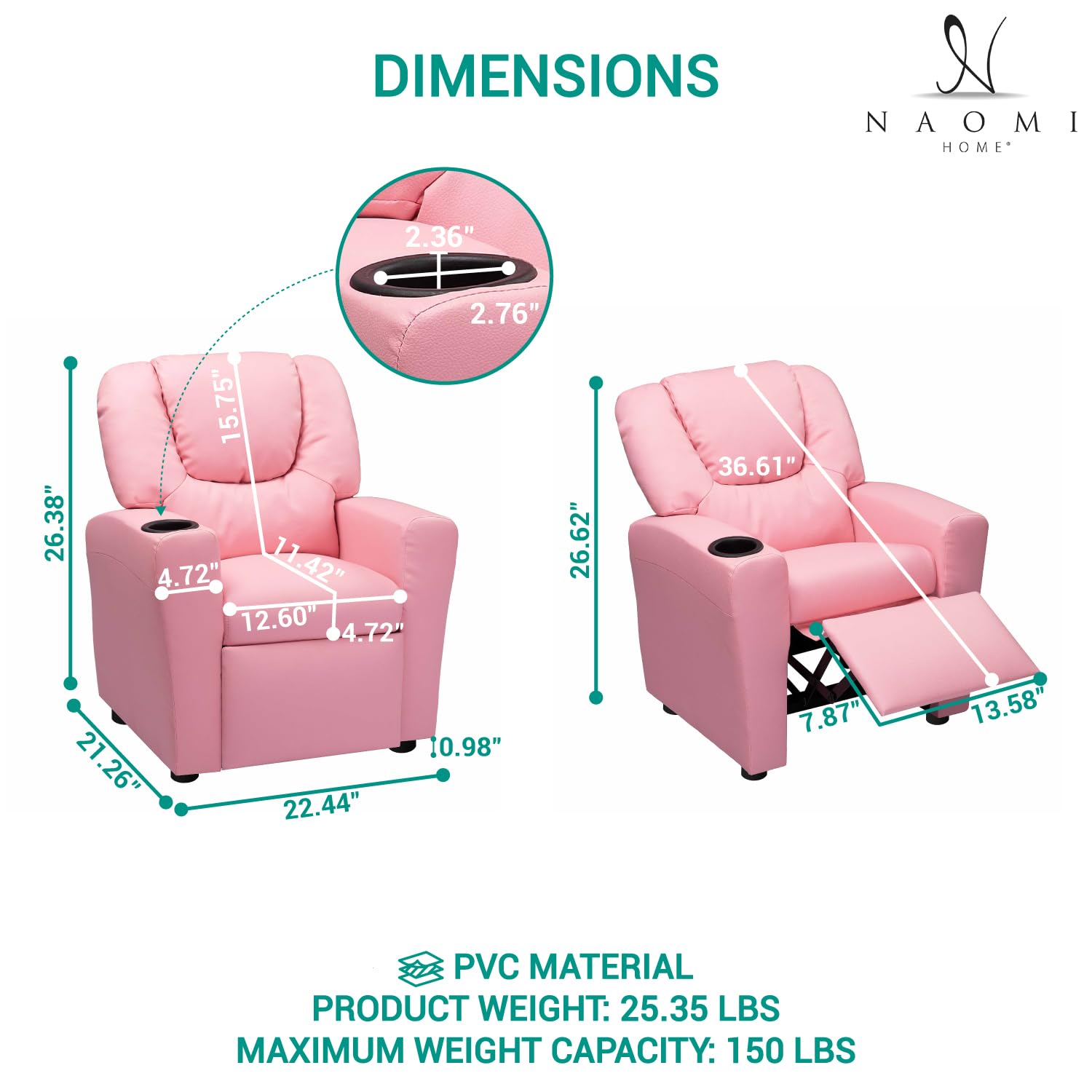 Naomi Home Suri Push Back Kids Recliner Chair with Footrest & Cup Holders - Toddler Recliner for Boys & Girls Ages 3+ (Pink) - Perfect for Playrooms, Bedrooms & TV Time - Durable PVC Kids Furniture for Relaxing & Snacking