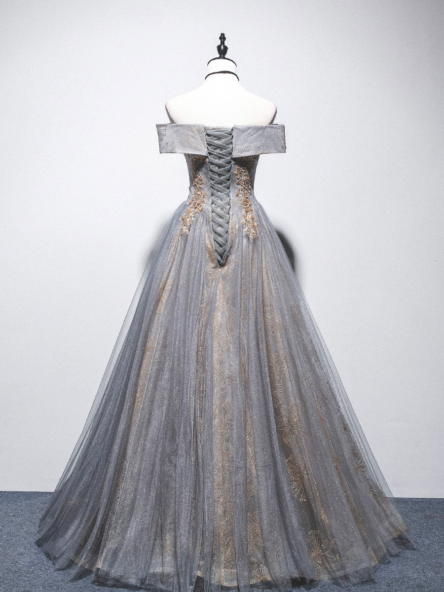 Elegant Off Shoulder A-Line Tulle Prom Dress with Lace Details - Long Gray Evening Gown for Formal Dances & Special Occasions
