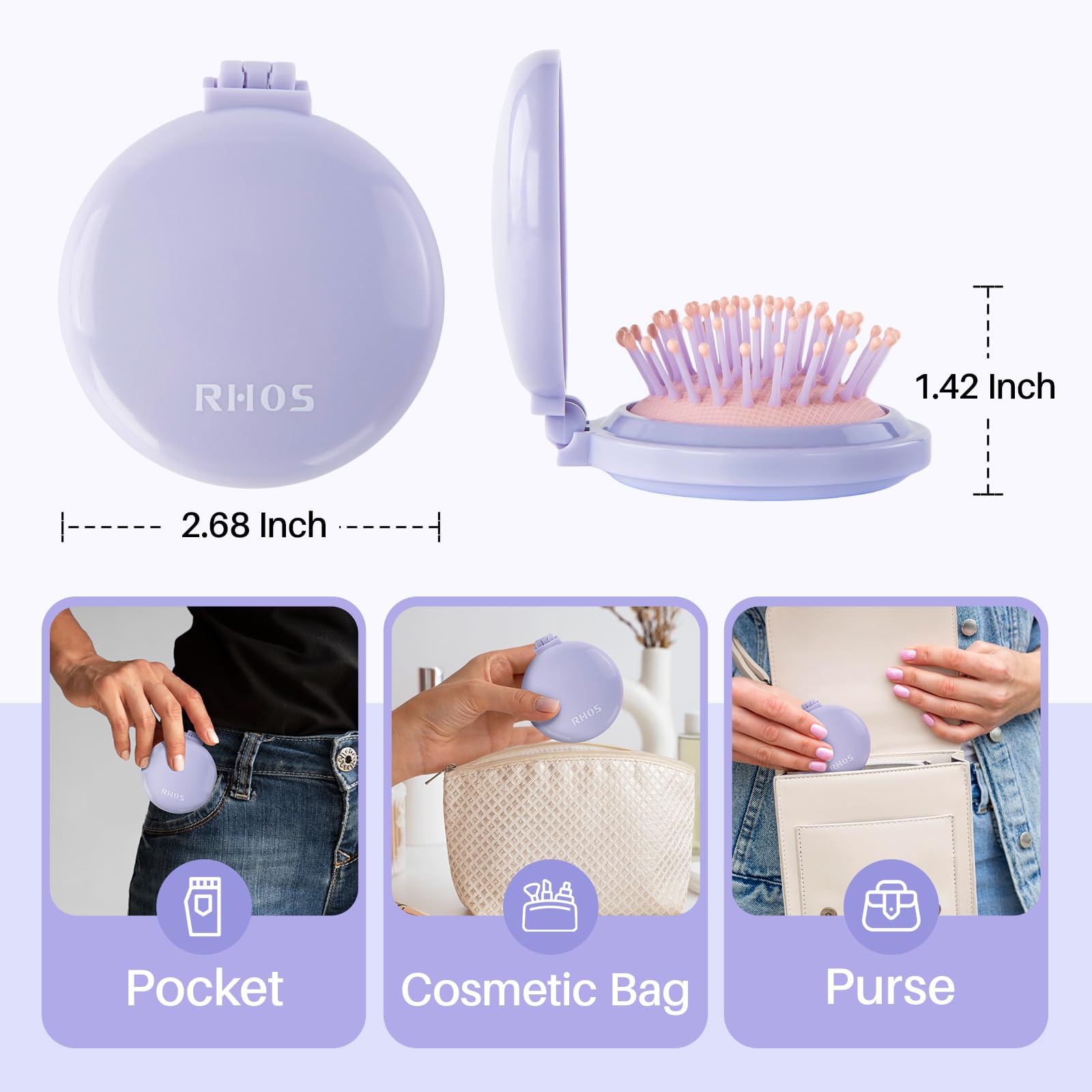 RHOS Compact Folding Hair Brush with Mirror for Women & Girls - Soft Nylon Bristles Travel Brush - Portable Mirror Comb for Purse, Gym Bag & On-the-Go Styling (Purple)