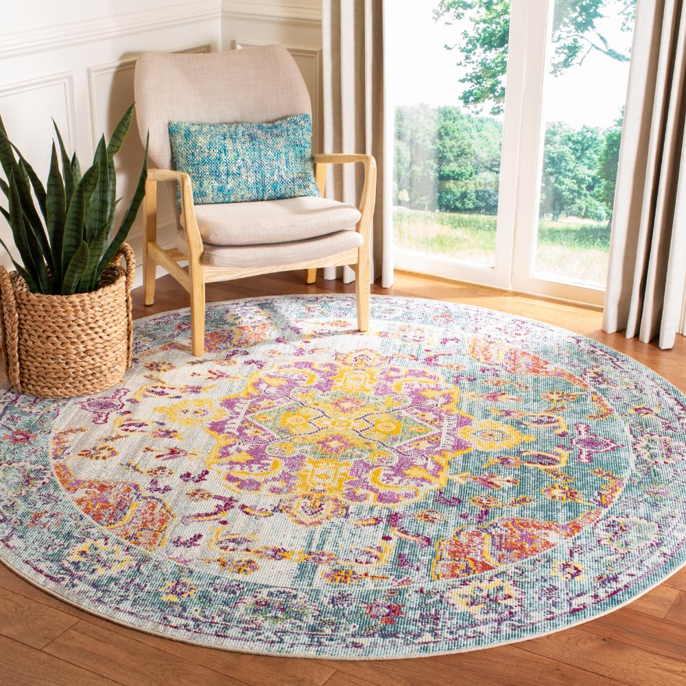 SAFAVIEH Crystal Collection 7' Round Turquoise & Rust CRS520K Boho Chic Medallion Distressed Non-Shedding Area Rug - Perfect for Dining Room, Entryway, Foyer, Living Room & Bedroom Decor