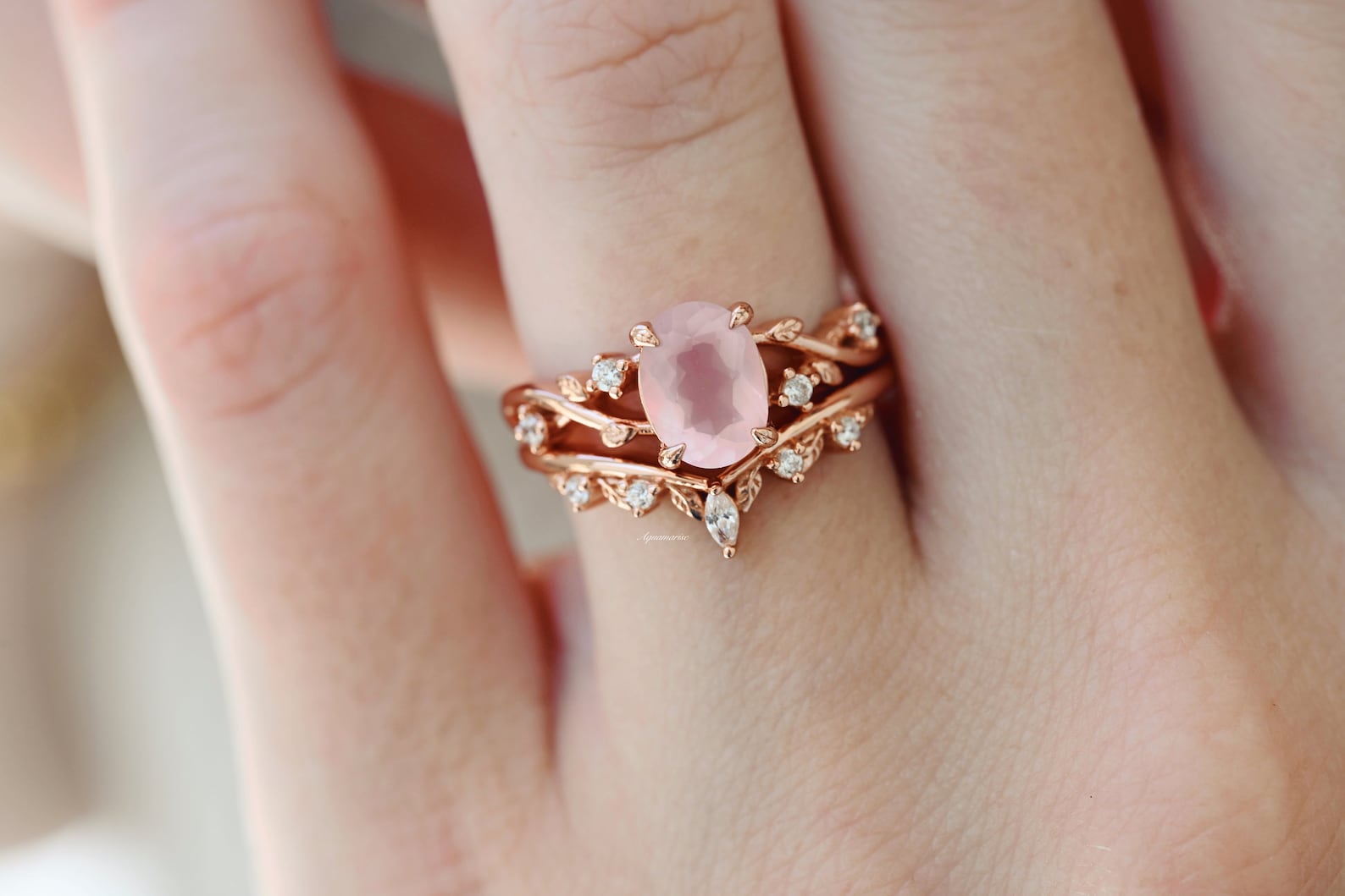 Natural Rose Quartz Fairy Ring Set - 14K Rose Gold Vermeil Jewelry for Women, Gift for Her, Boho Chic Style, Healing Crystal Rings for Love & Positive Energy | Perfect for Weddings, Date Nights & Spiritual Healing