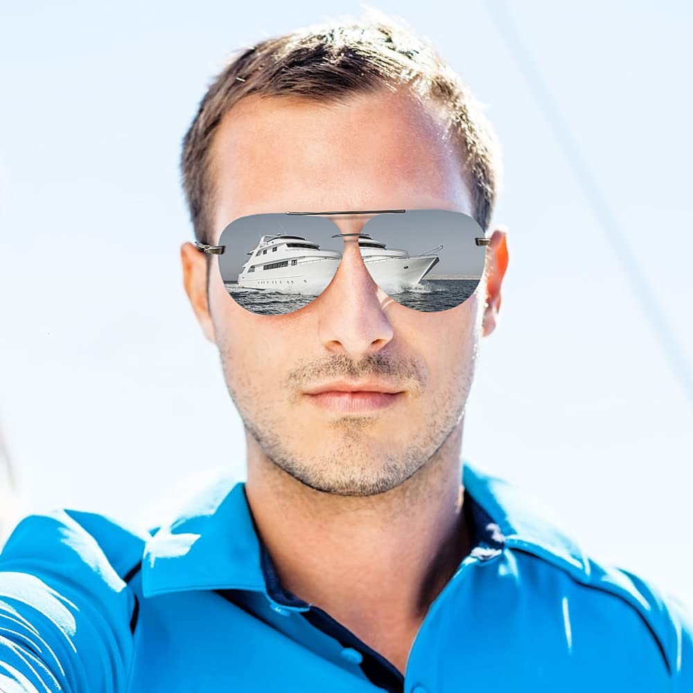 Polarized Aviator Sunglasses for Men - UV 400 Protection, Rimless Mirrored Lenses, Large Frame - Perfect for Driving, Outdoor Activities & Fashion Accessories