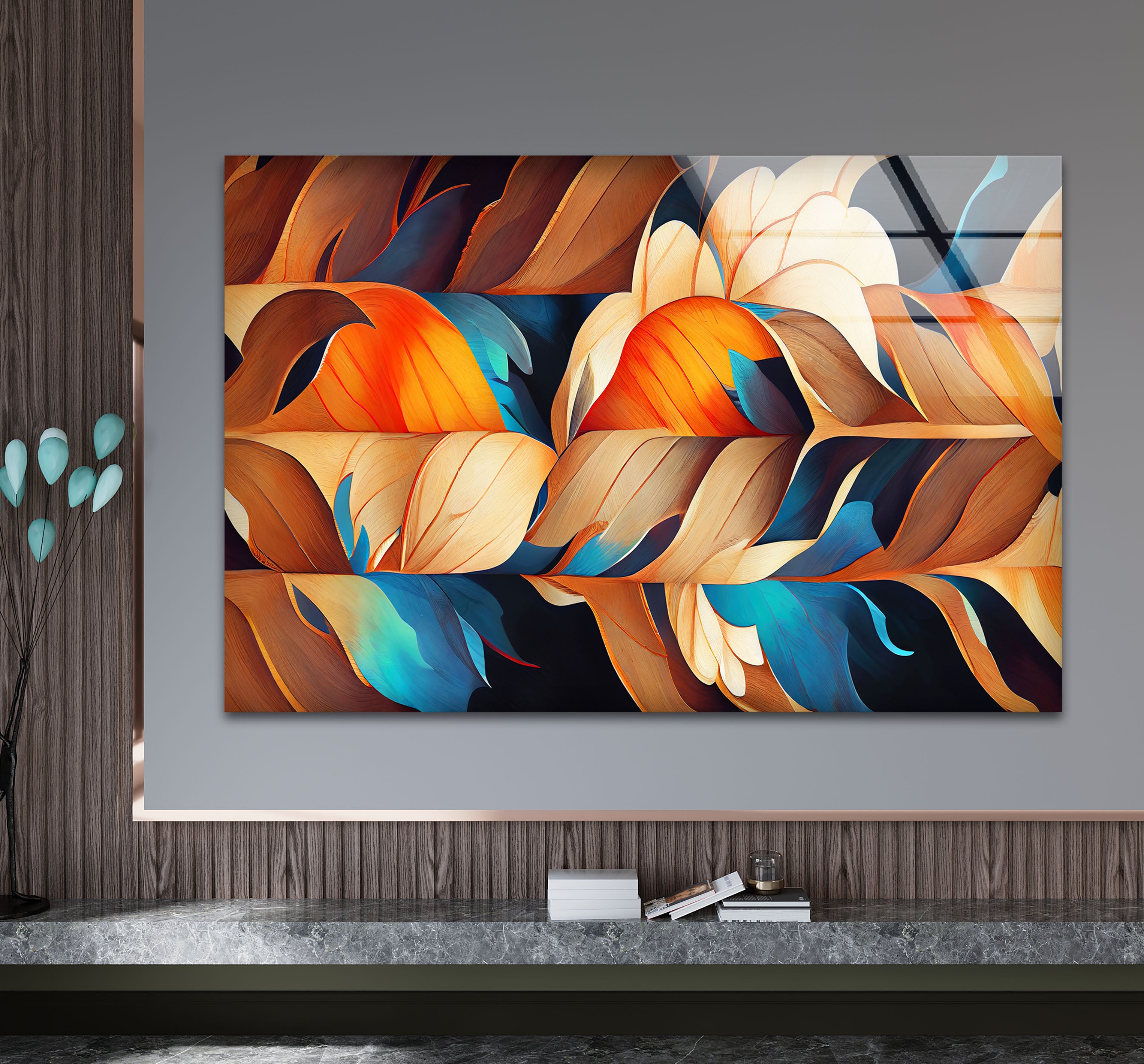 Abstract Feather Flow Glass Wall Art – Earthy Orange & Teal Nature Design Handmade Home Decor for Living Room, Bedroom & Office – Modern Nature-Inspired Wall Hangings