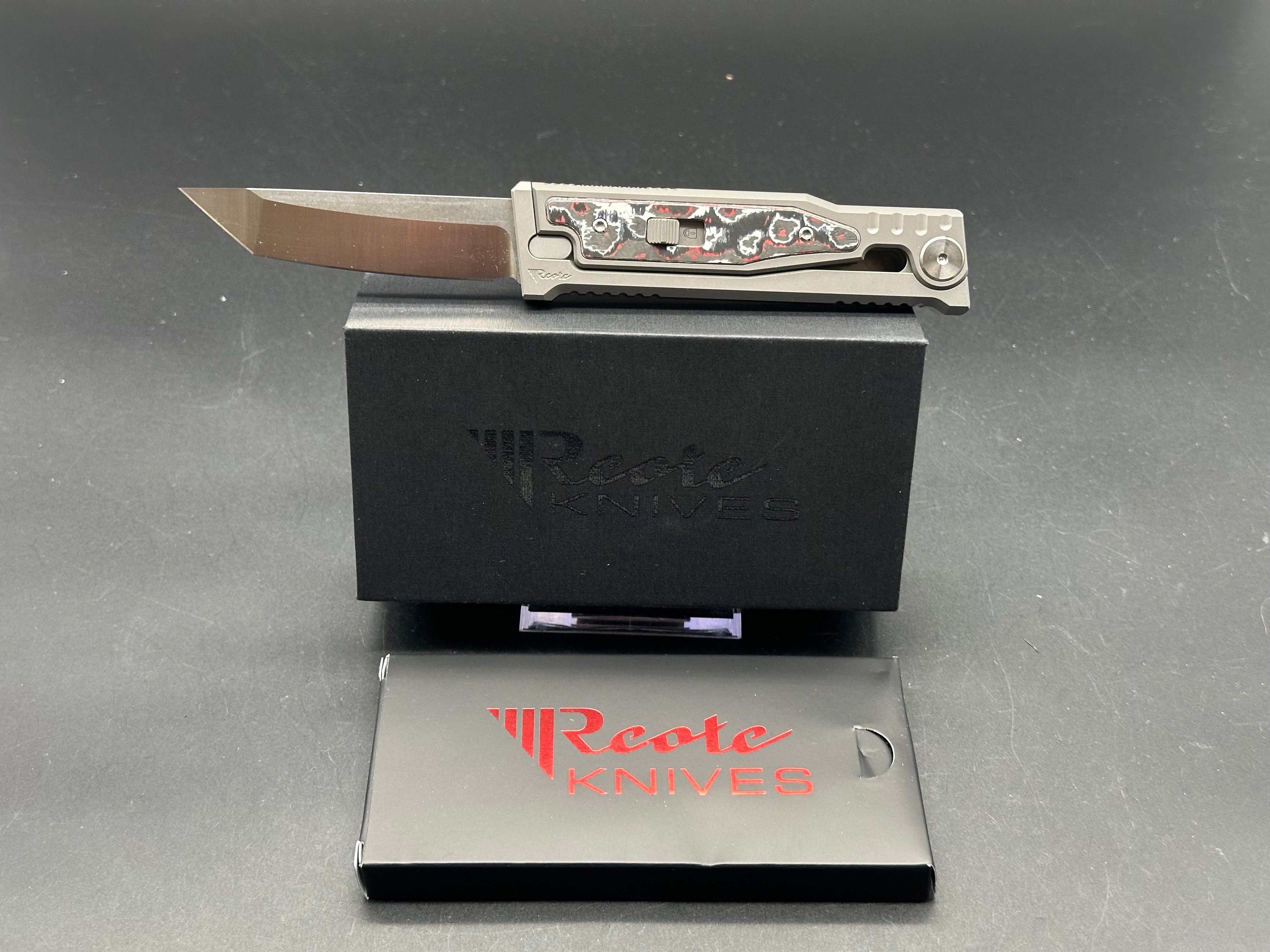 Reate EXO-M Folding Knife - Grey Titanium Frame with Red Marble Fat Carbon Inlays, Tanto Elmax Blade - EDC Pocket Knife for Outdoor, Camping & Everyday Carry