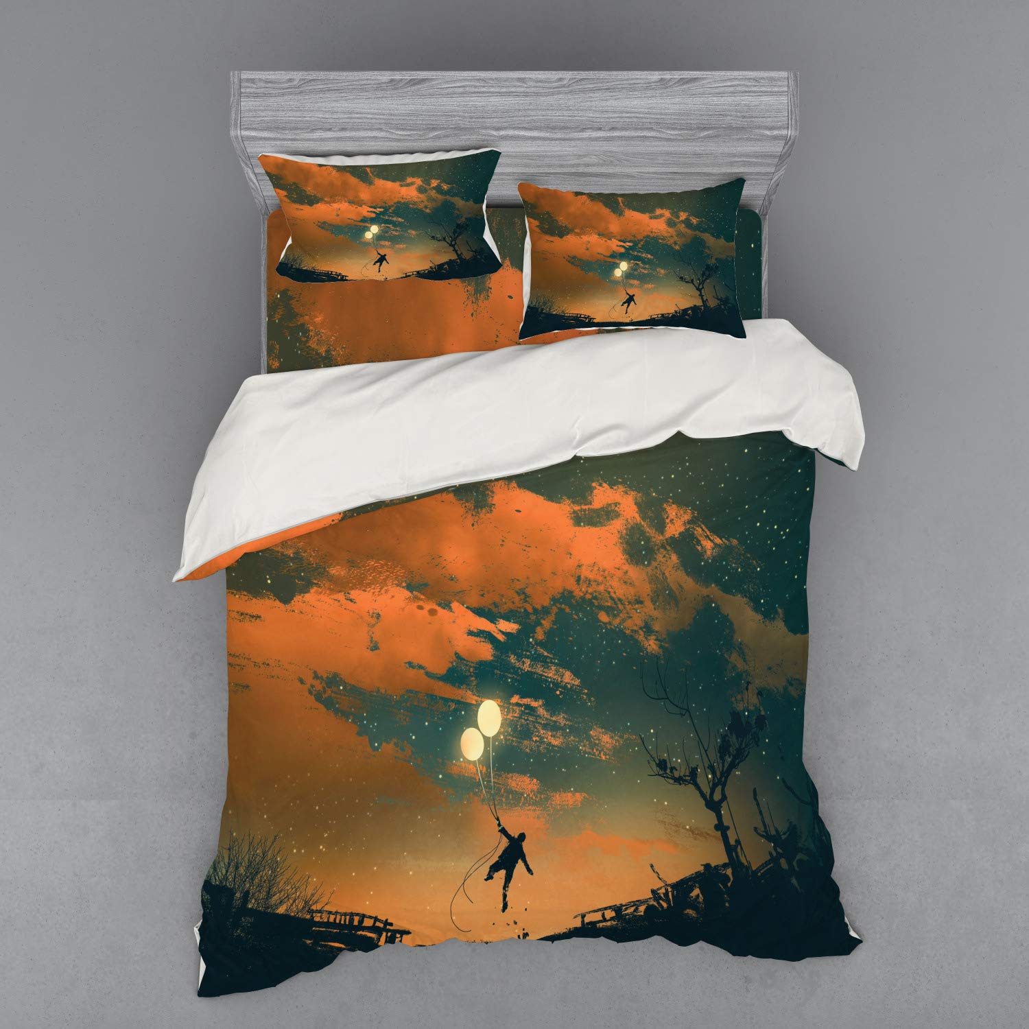 Ambesonne Fantasy Duvet Cover Set - Flying Man with Balloons in Starry Night Sky, 4-Piece Queen Size Bedding Set with Pillow Shams & Fitted Sheet, Orange Ash Grey | Whimsical Bedroom Decor for Teens & Adults, Perfect for Guest Rooms & Dormitories