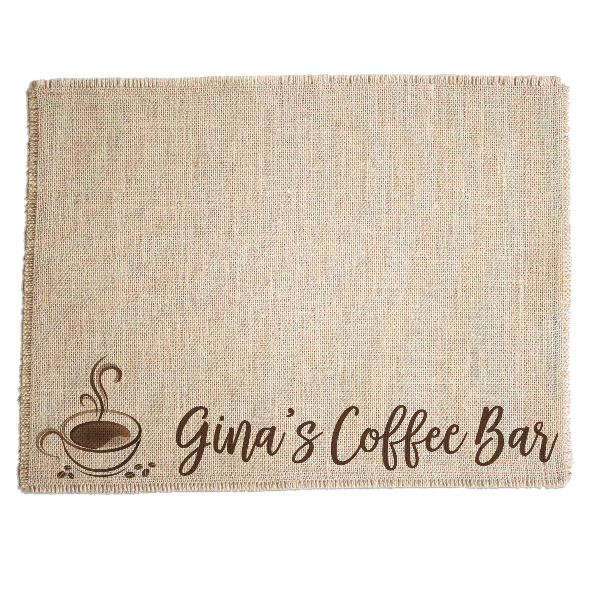 Custom Coffee Bar Mat - Personalized Burlap Placemat for Coffee Maker & Espresso Machine - Non-Slip Kitchen Decor - Made in USA - Perfect for Home, Office & Coffee Shop Use