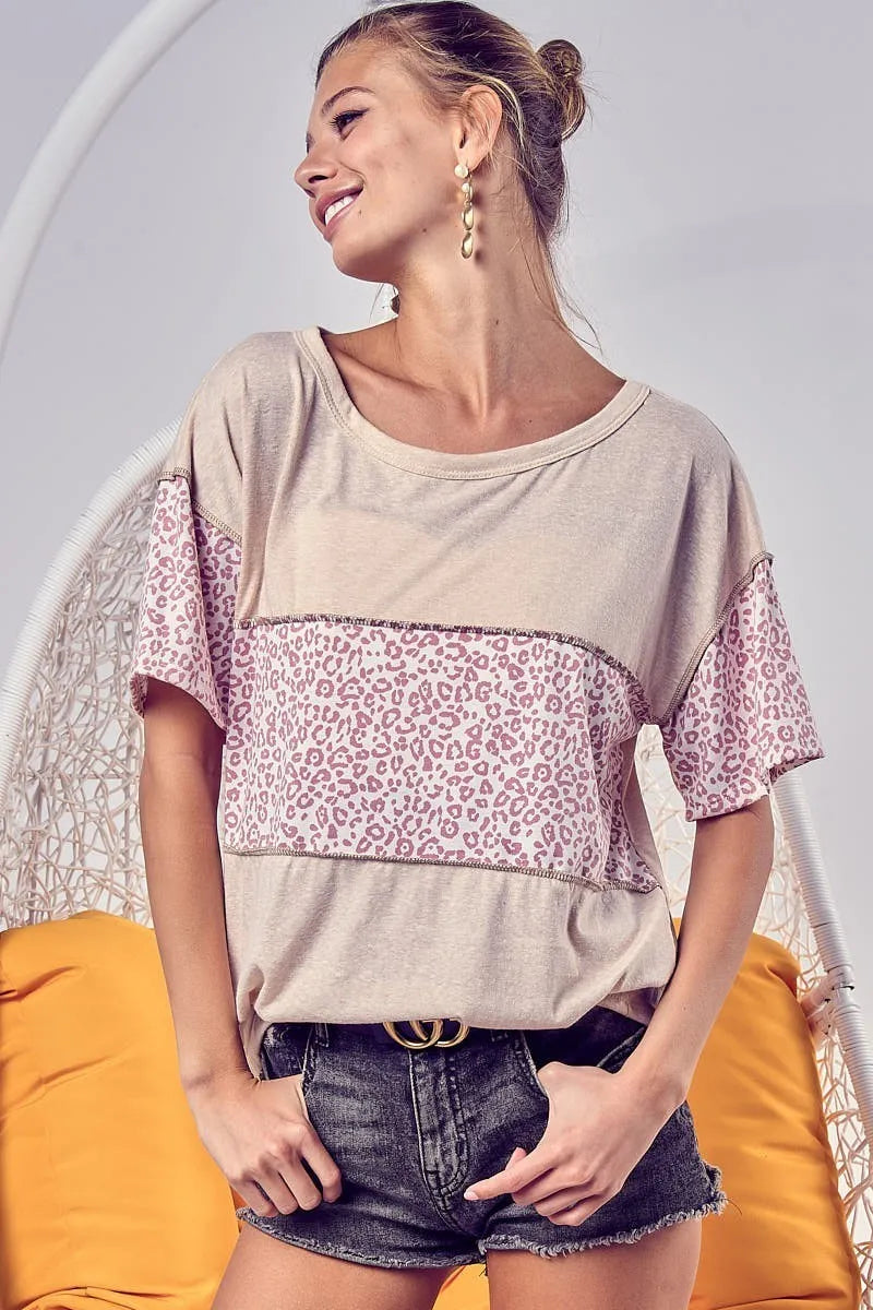 BiBi Triblend Knit Sweater with Leopard Block Out Stitching - Cozy Casual Wear for Women | Perfect for Fall Outfits & Coffee Dates