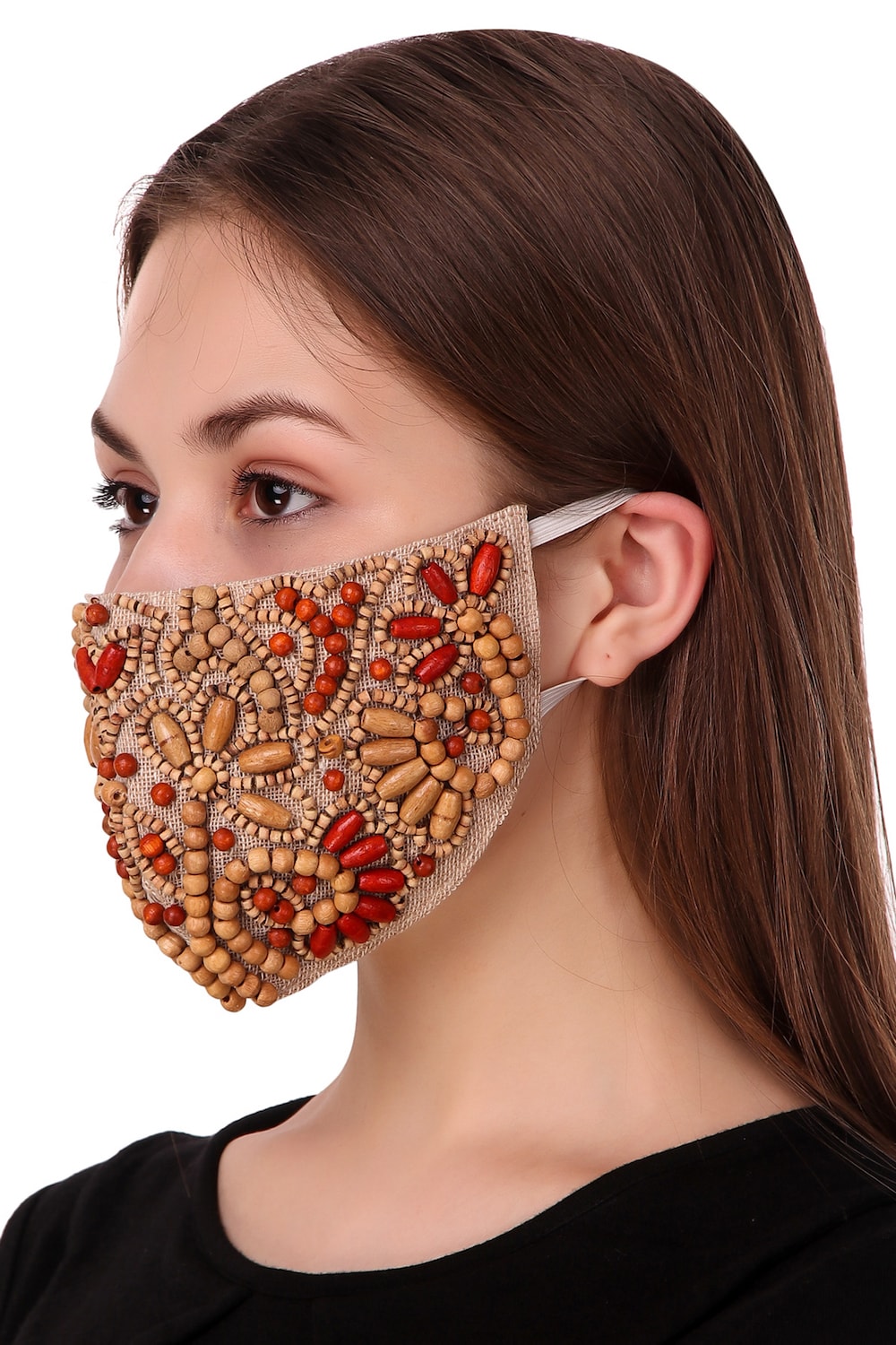 Handmade Wooden Bead Embroidered Jute Face Mask - Natural & Breathable for Yoga, Meditation & Outdoor Activities
