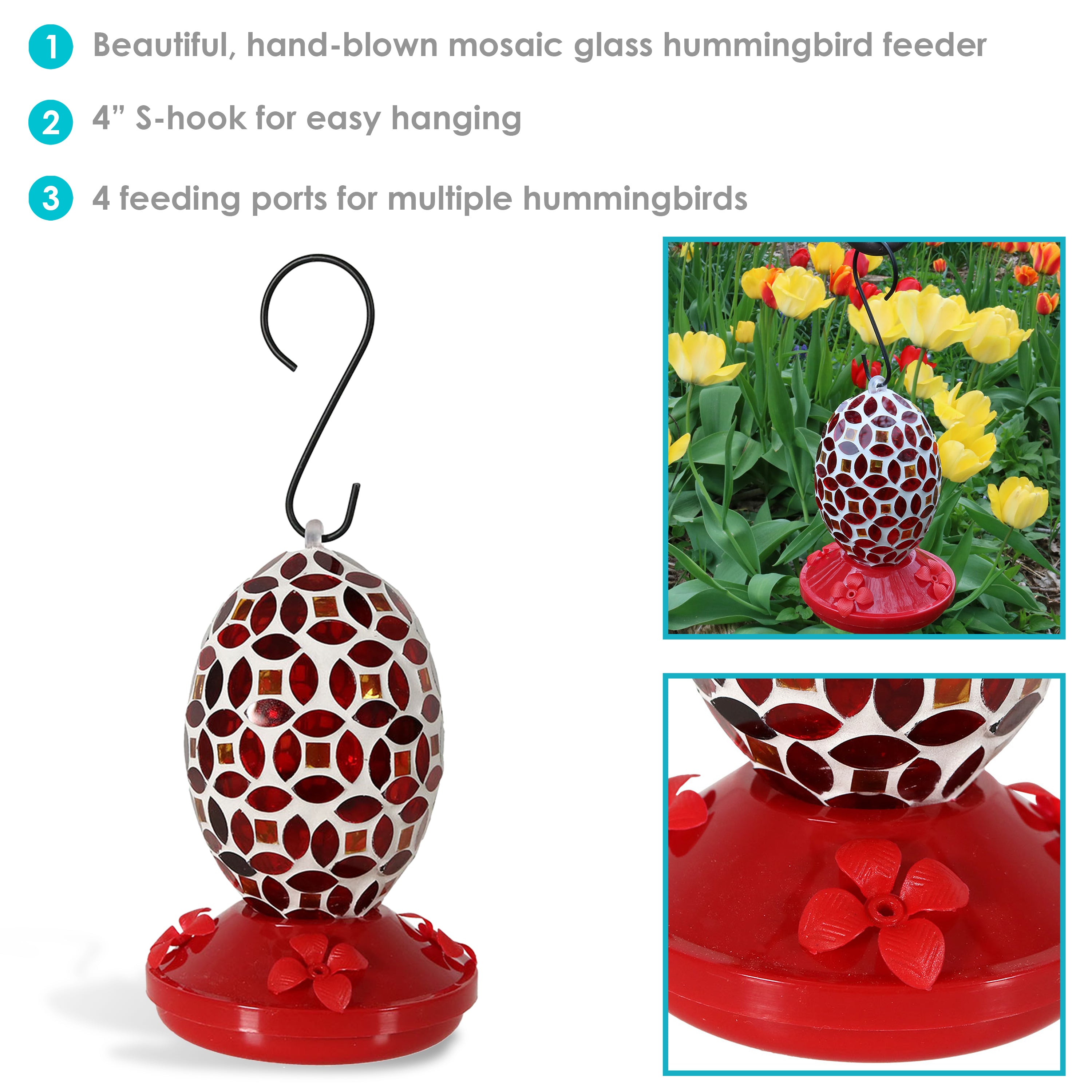 Sunnydaze Red Mosaic Glass Hummingbird Feeder - Handcrafted Outdoor Garden Decor for Attracting Birds - Perfect for Backyard, Patio, and Balcony Use