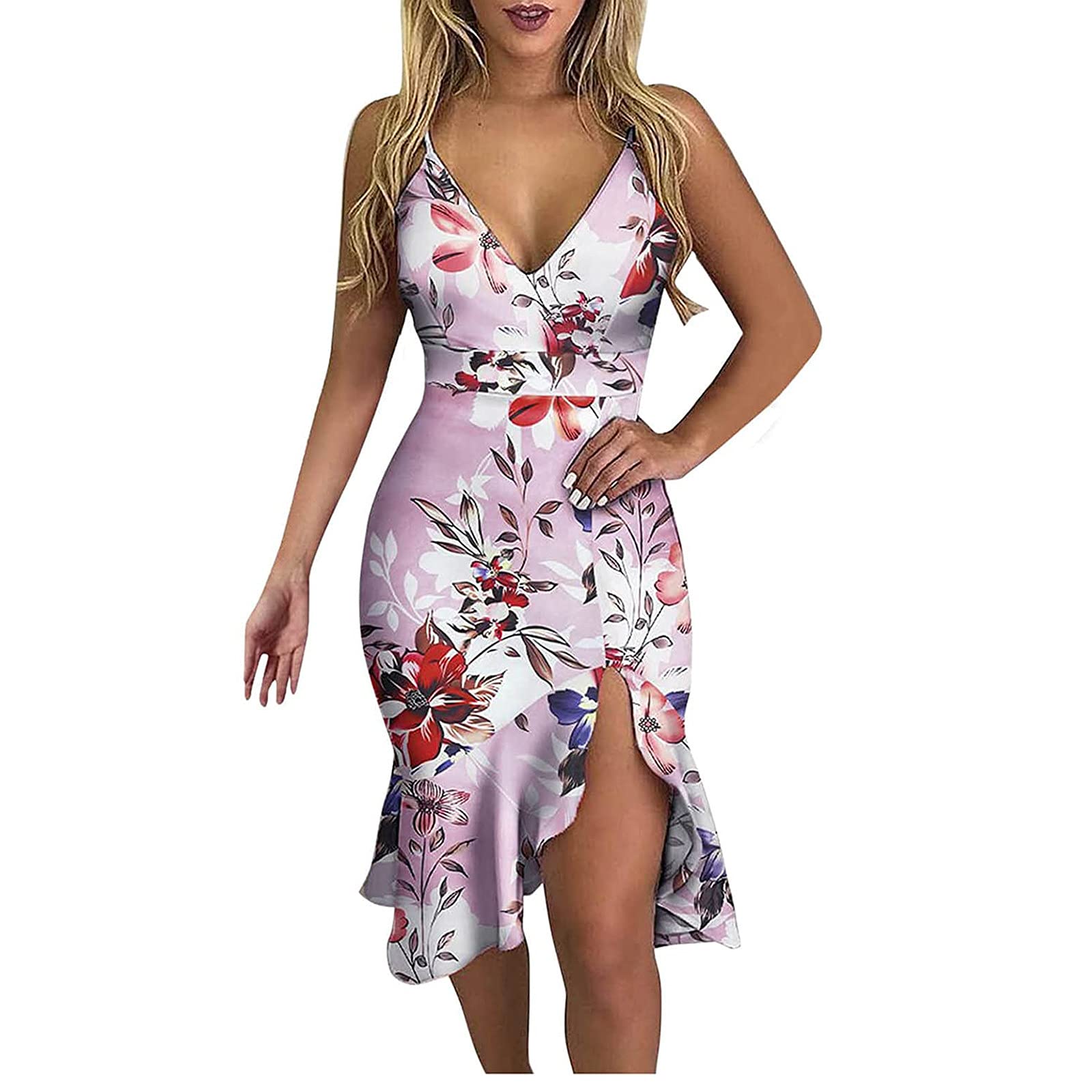 LADIGASU Women's Floral Print Off-Shoulder Wrap Dress with Ruffle Detail & Side Slit - Sexy Bodycon Midi Dress for Party, Date Night, Cocktail Events and Summer Occasions