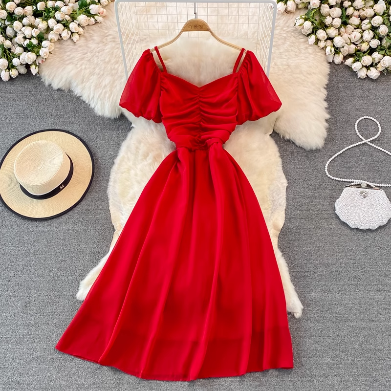 Bubble Short Sleeve Square Neck Dress - Pleated A-Line Chiffon Long Skirt for Women | Summer Casual Flowy Dress for Beach, Party & Everyday Wear | Style 926