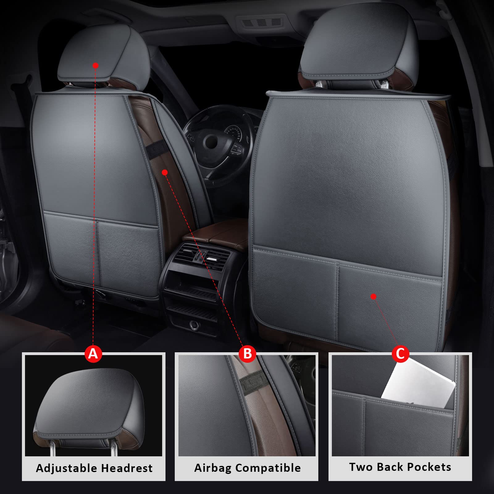 MIROZO 2PCS Waterproof Faux Leather Front Car Seat Covers - Universal Fit for Most Sedans, SUVs & Pickup Trucks (Grey) - Protect & Upgrade Your Vehicle Interior