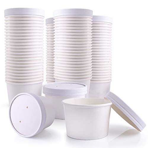 [250 Pack] 12 oz Disposable White Kraft Paper Food Cups with Vented Lids - Eco-Friendly Ice Cream Containers, Soup Bowls & Salad To-Go Packaging | Perfect for Frozen Desserts, Yogurt, Ramen, Stews & Hot/Cold Food Storage