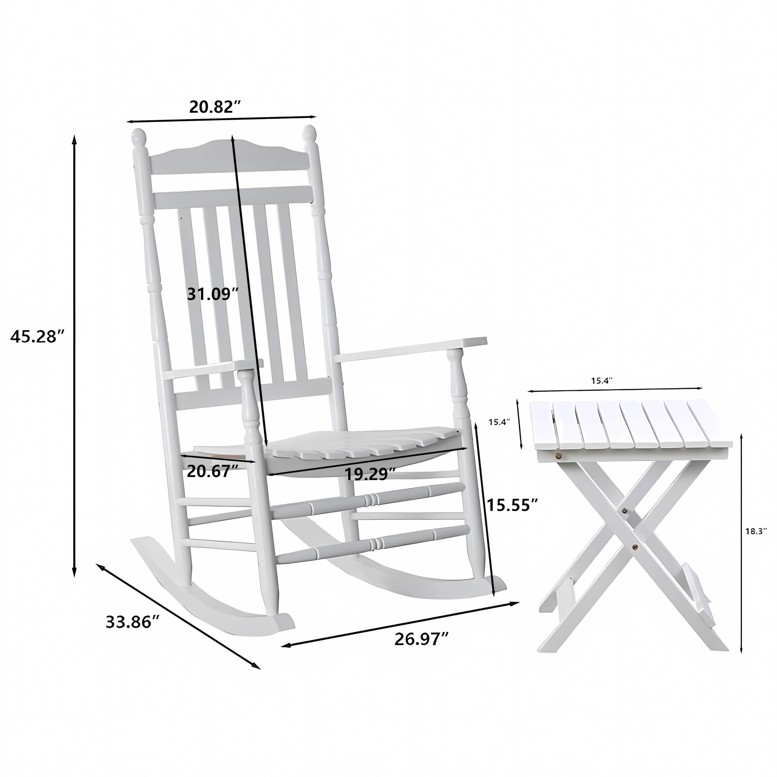 3-Piece Outdoor Patio Rocking Chair Set with 2 Rockers & Foldable Side Table - White Porch Bistro Furniture for Garden, Deck, and Backyard Relaxation