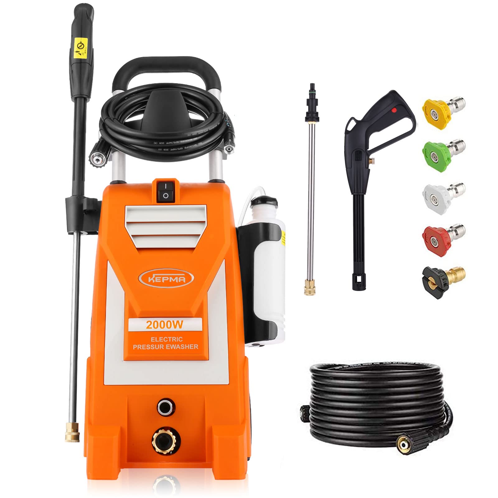 **Electric Pressure Washer 1800 PSI - High Power Pressure Washer Machine with Spray Gun, 5 Nozzles, Hose Reel & Detergent Tank - Ideal for Cleaning Cars, Fences, Driveways, Patios & Outdoor Surfaces (Orange)**