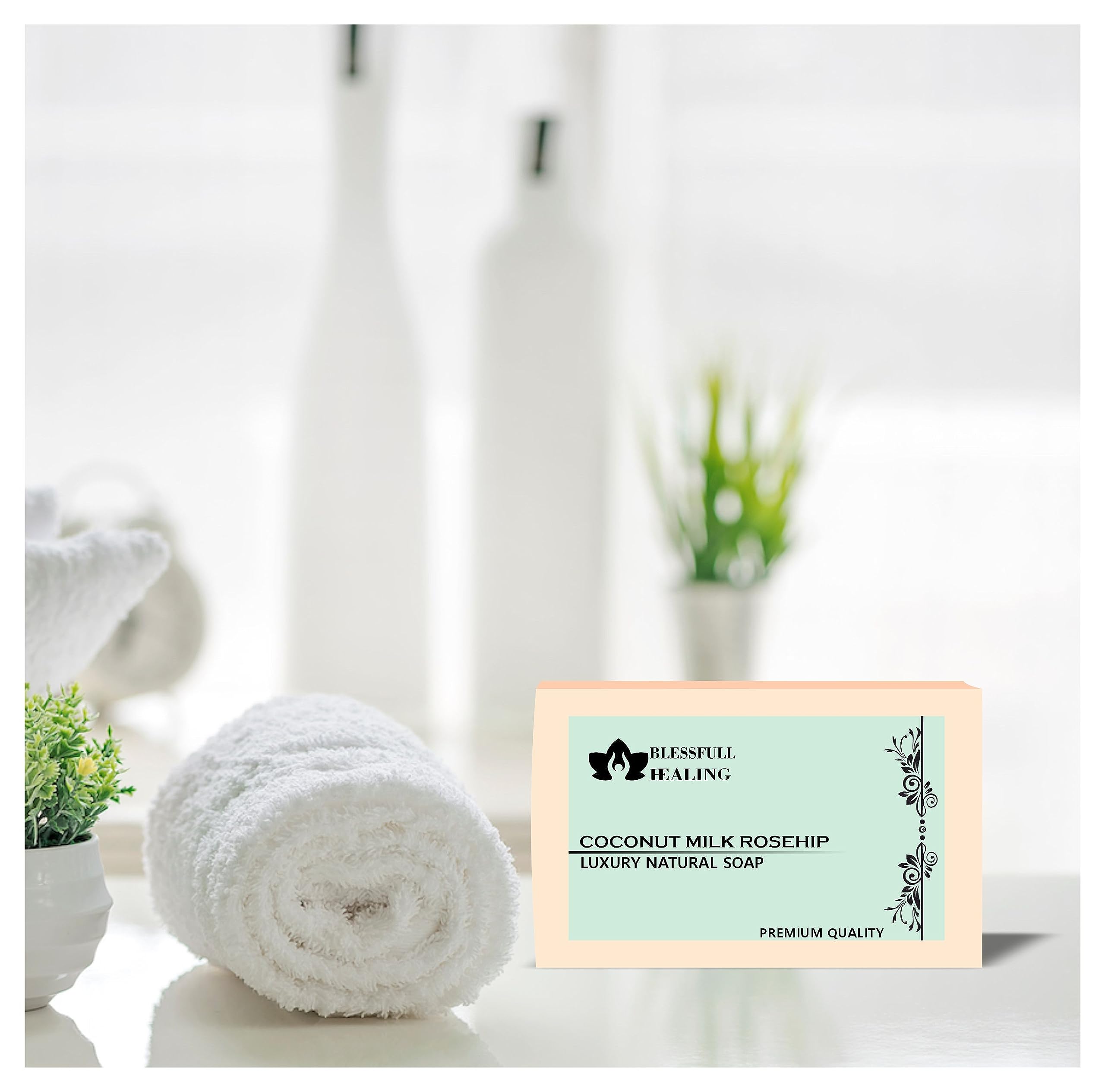 Premium Coconut Milk & Rosehip Handmade Natural Soap Bar - 125g/4.4oz - Moisturizing & Nourishing for Dry & Sensitive Skin - Perfect for Daily Face & Body Cleansing, Spa & Gift Giving