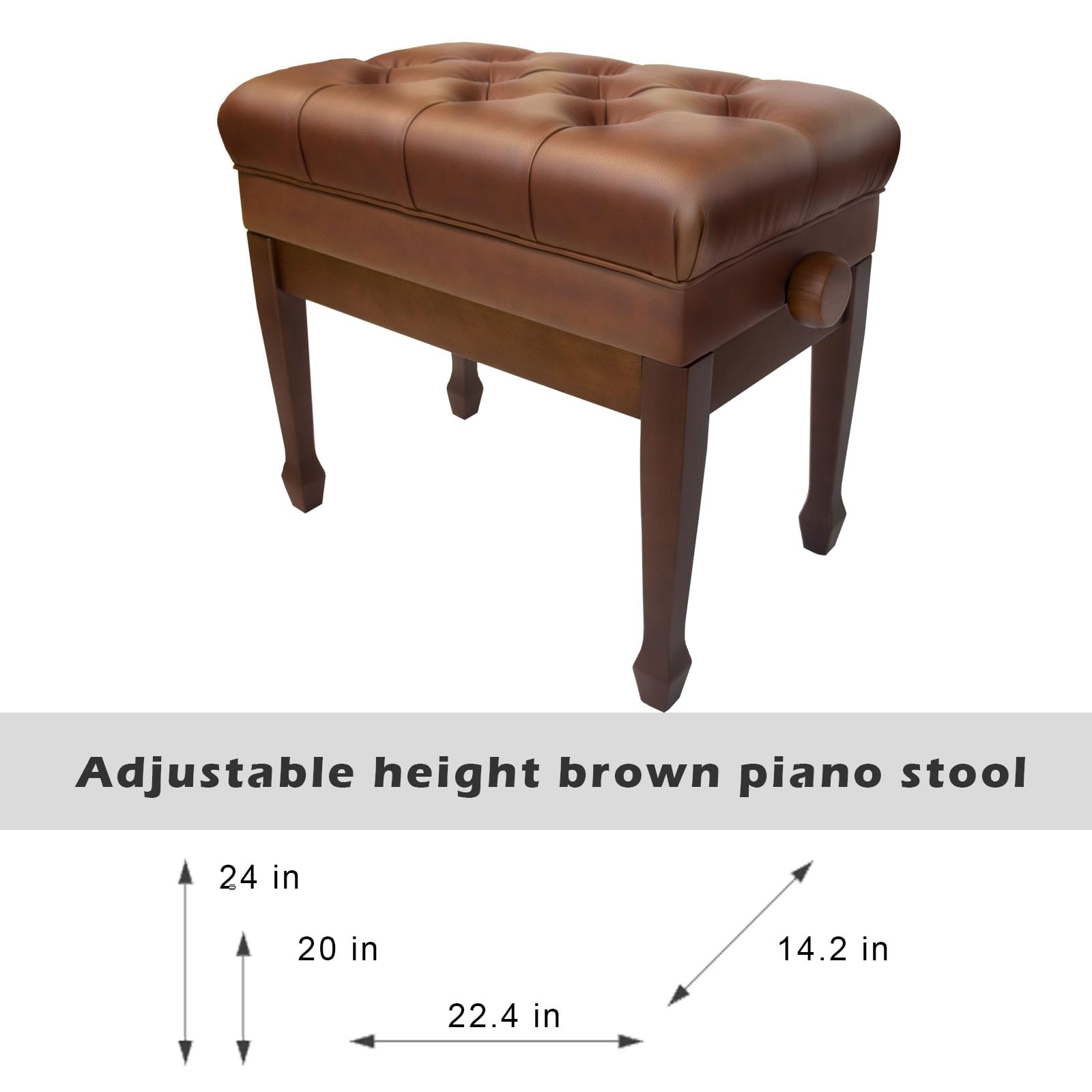 Adjustable Brown Piano Bench with Storage - Genuine Leather Walnut Piano Stool with Padded Cushion - Perfect for Home, Studio & Music Practice