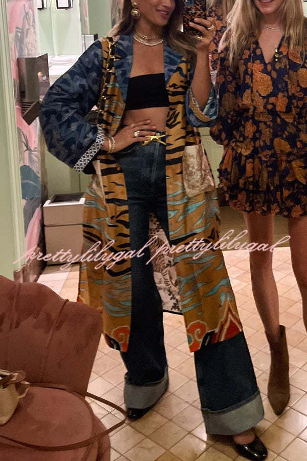 Exotic Tropical Jungle Tiger Print Long Sleeve Belted Kimono Coat with Pockets - Boho Chic Outerwear for Women, Perfect for Beach Cover-ups, Music Festivals & Casual Loungewear