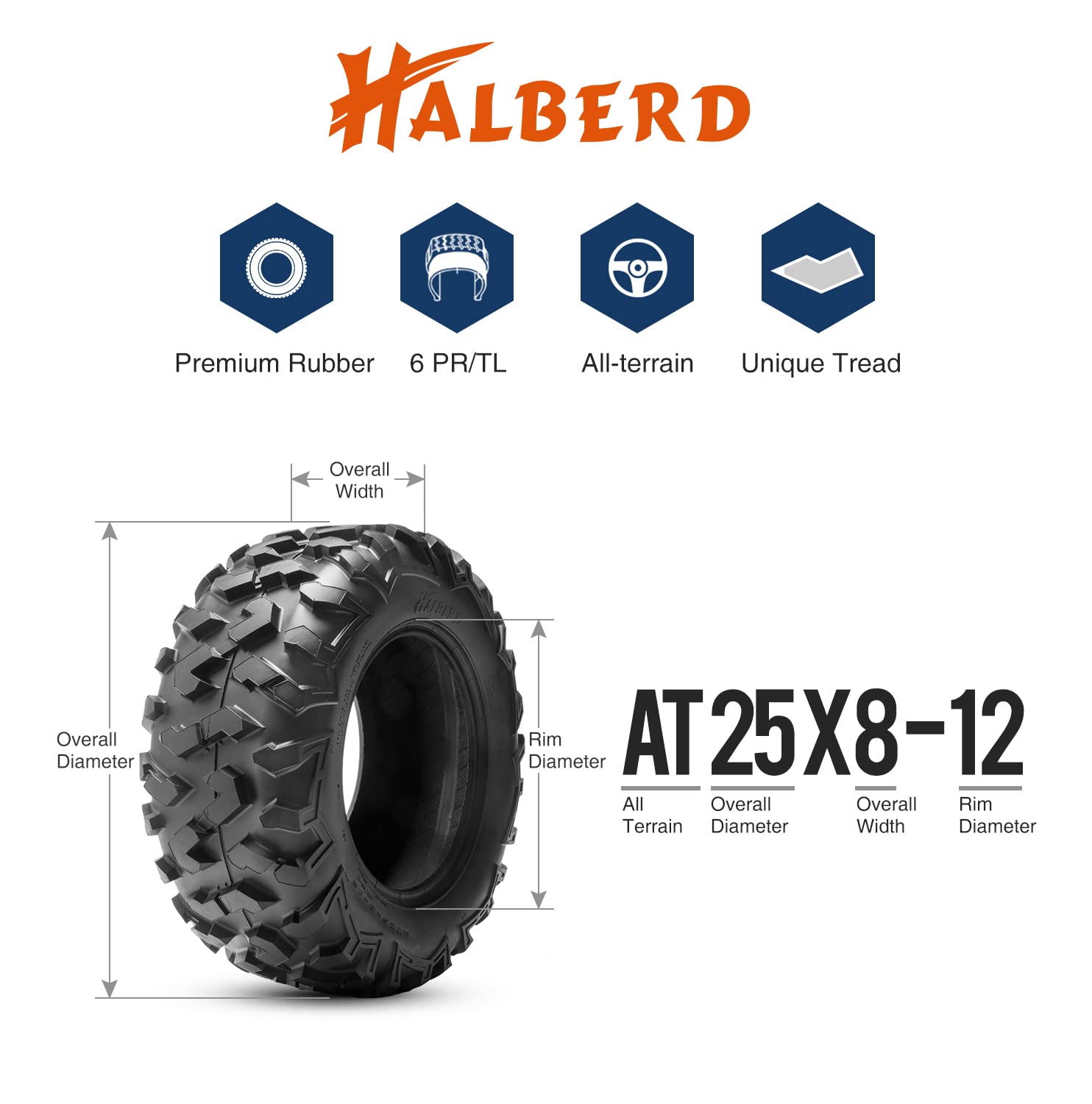 **HALBERD All-Terrain ATV/UTV Tires 25x8-12 & 25x11-12 (Set of 4, Tubeless) - 6PR Heavy-Duty Off-Road Tires for Mud, Sand & Trail Riding**
