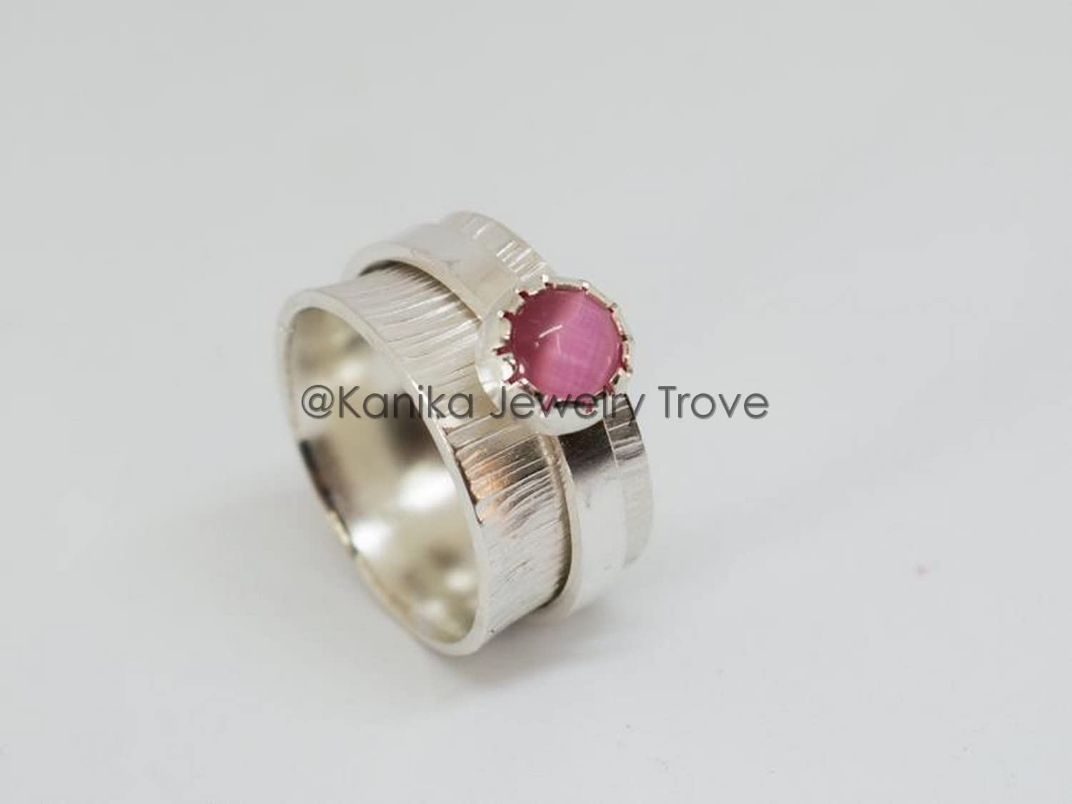Textured Sterling Silver Spinner Ring for Men & Women - Scratched Finish Meditation Ring, Anxiety Relief Jewelry - Pink Tourmaline Size 14 - Perfect Gift for Mother's Day, Birthday & Stress Relief