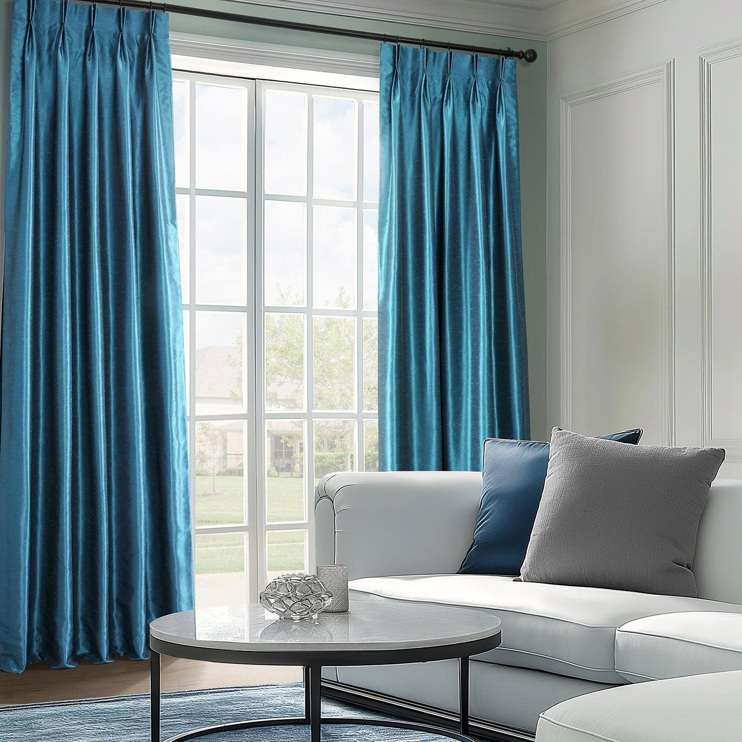 Oceanside Blue French Pleat Vintage Textured Faux Dupioni Silk Blackout Curtains - Elegant Window Treatment for Bedroom & Living Room, Light Blocking & Noise Reducing