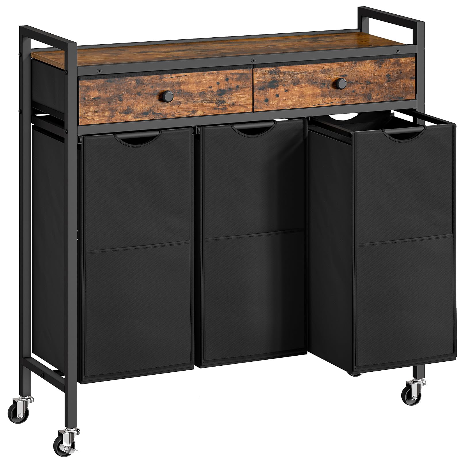 HOOBRO 3-Section Laundry Sorter Hamper with 2 Drawers & Removable Bags, 130L Rolling Laundry Basket for Bedroom, Bathroom, and Laundry Room Organization - Rustic Brown & Black (Model BF78XY01) | Perfect for Small Spaces, Apartments, and Home Organization