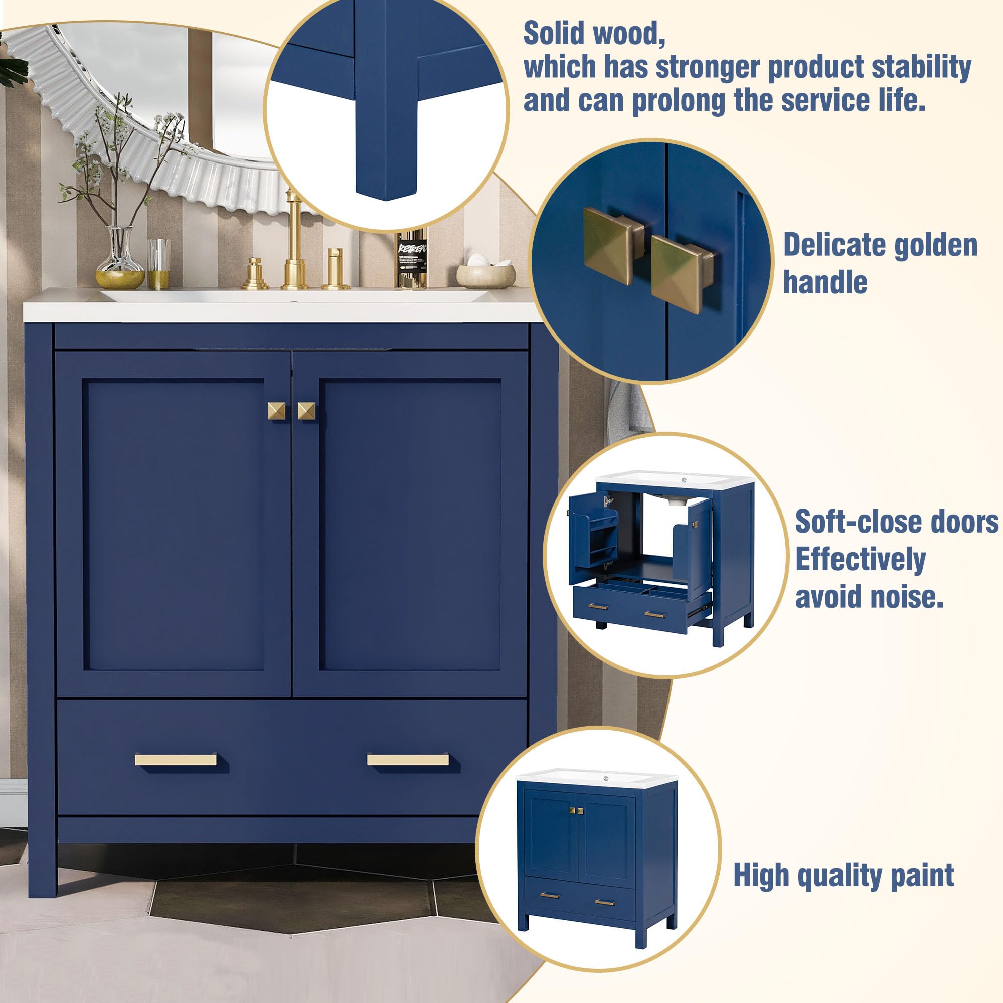 30 Inch Navy Blue Merax Bathroom Vanity with Sink - 2 Door Storage Cabinet with Drawer, Multifunctional Bathroom Sink Cabinet (30