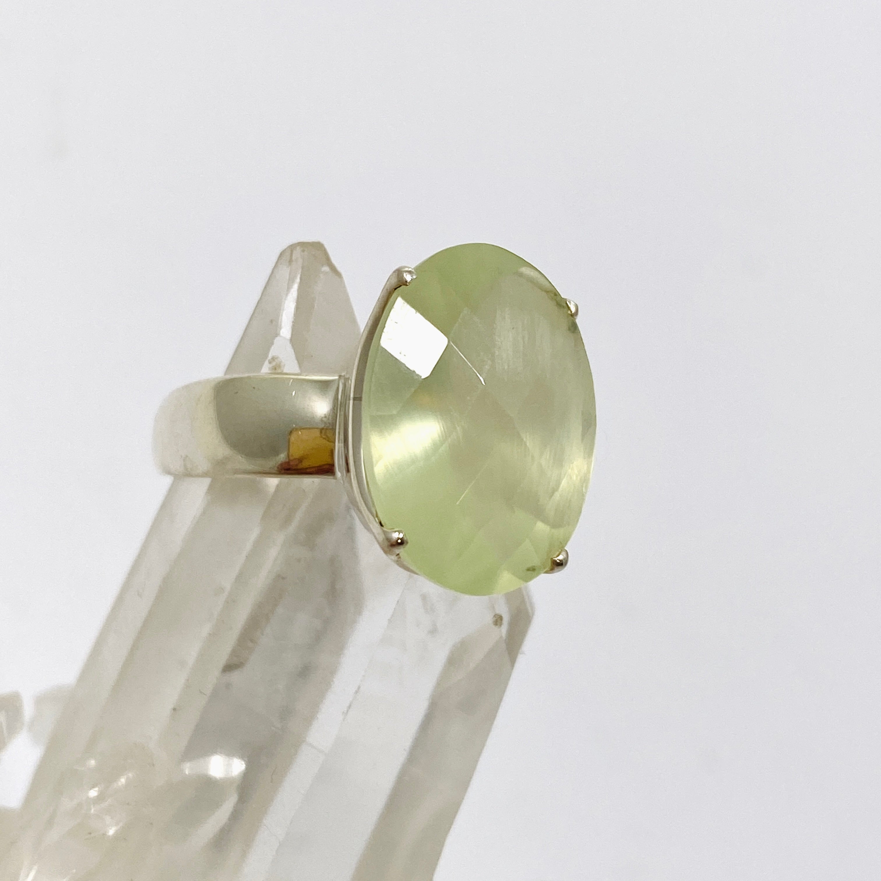 Prehnite Oval Checkerboard Faceted Ring Size 8 - Dainty Gemstone Jewelry for Women - Perfect for Everyday Wear, Gift Giving & Special Occasions