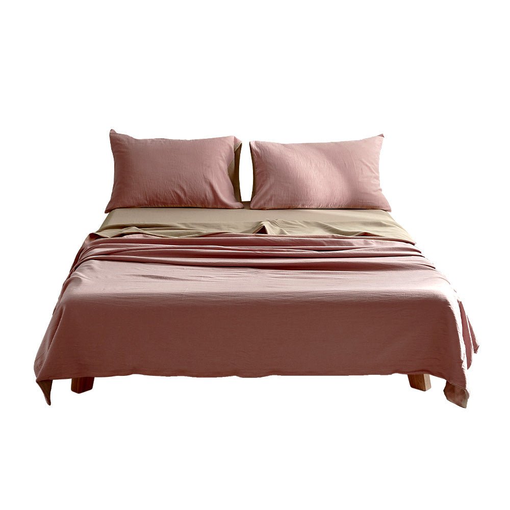 Luxury Washed Cotton Sheet Set - Soft & Breathable Pink Brown Single Size - Perfect for Bedroom, Guest Room, and Dorm Comfort